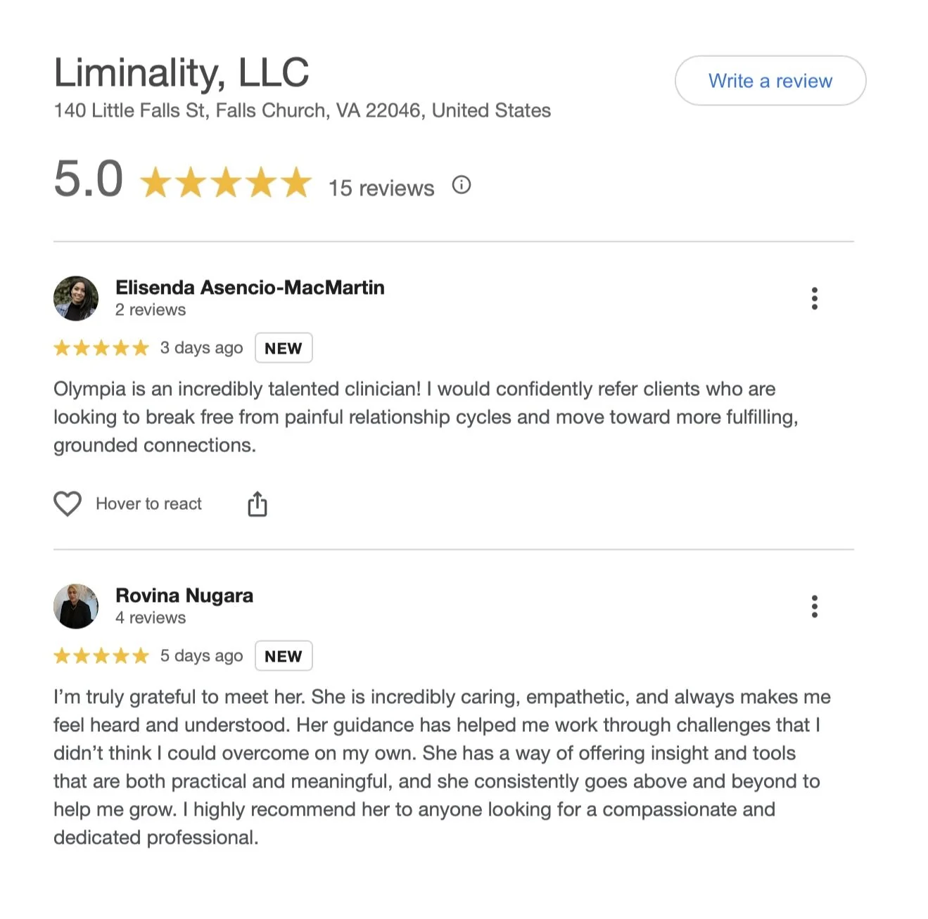 5-star Google business reviews for Liminality.