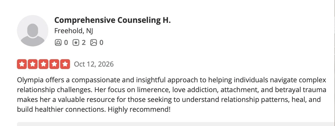The review praises Olympia's compassionate and insightful approach to relationship challenges, focusing on issues such as limerence, love addiction, attachment, and betrayal trauma.