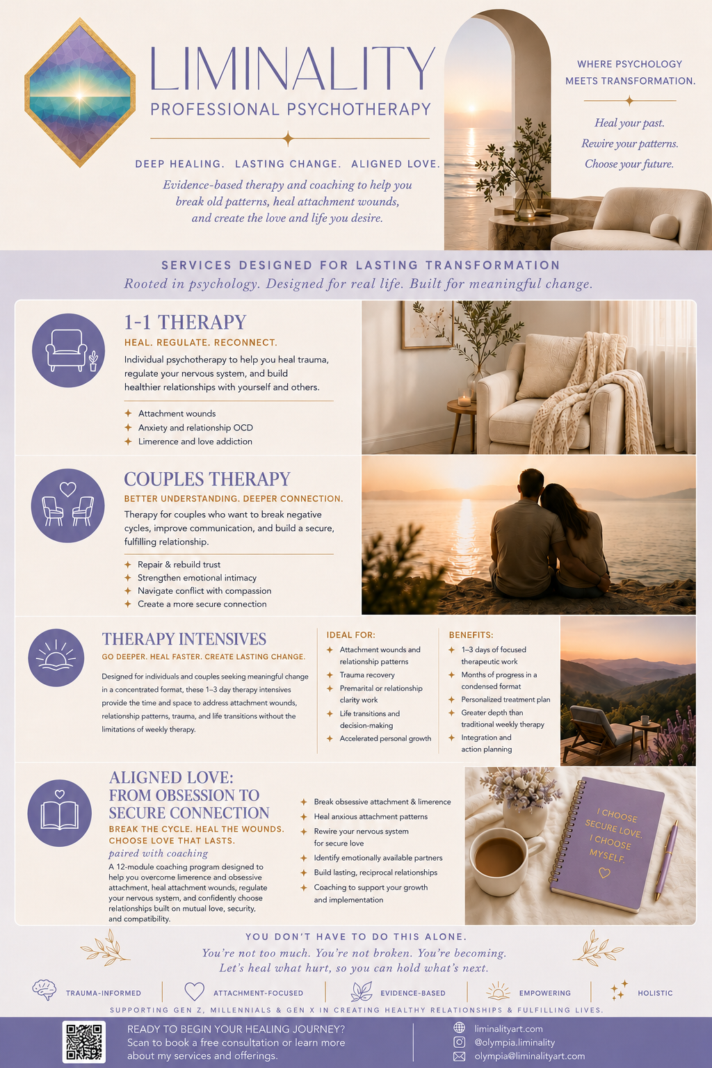 A promotional flyer for Liminality Professional Psychotherapy about therapy services such as 1-1 therapy, couples therapy, therapy intensives, and aligned love group coaching program.