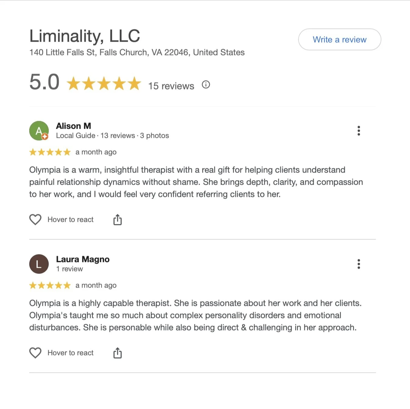 Google business reviews for Liminality.