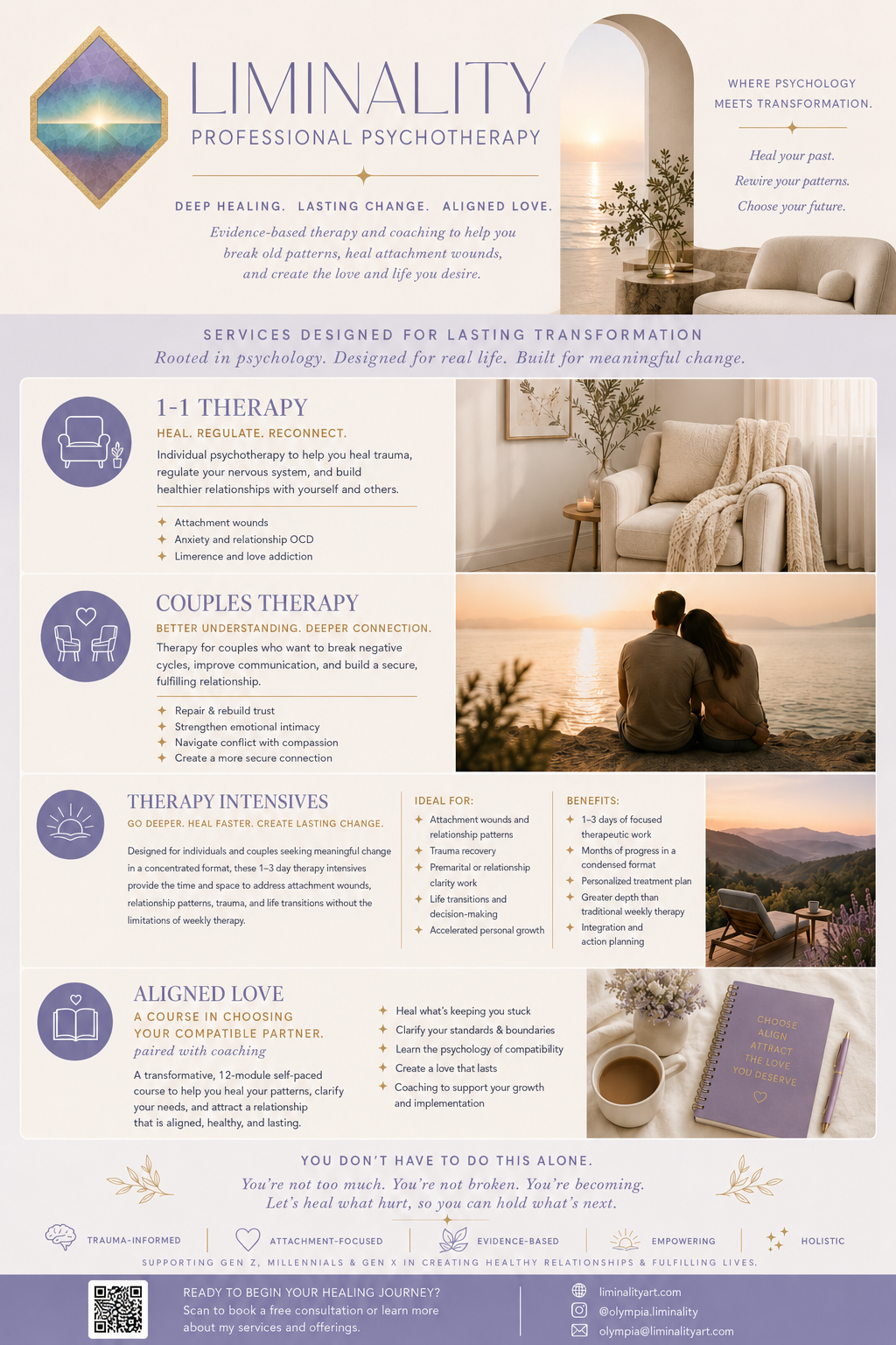 therapy services: 1-1 therapy, couples therapy, therapy intensives, and aligned love. The poster emphasizes healing, transformation, and meaningful change.