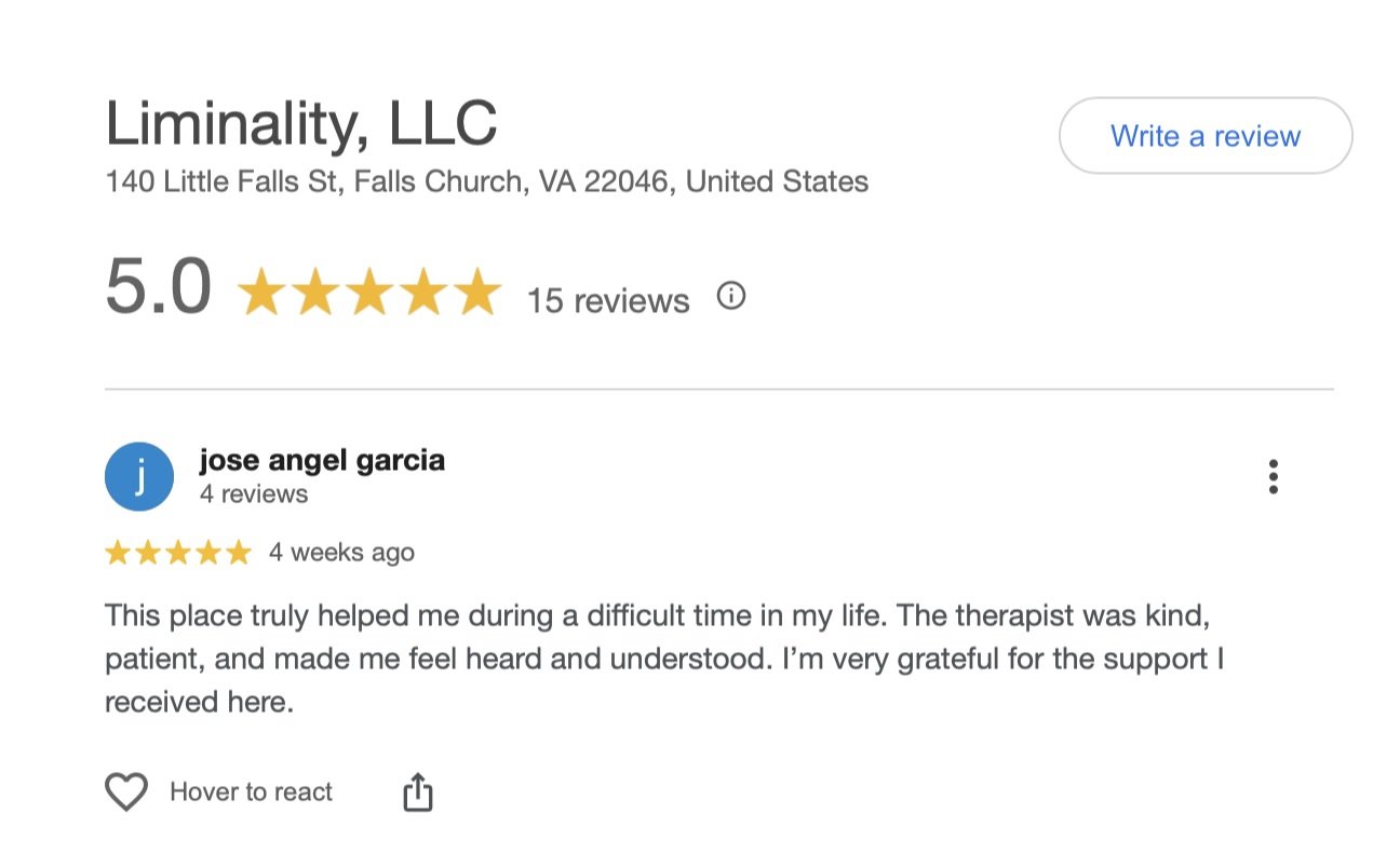 5-star Google business reviews for Liminality in Falls Church, VA and NY.