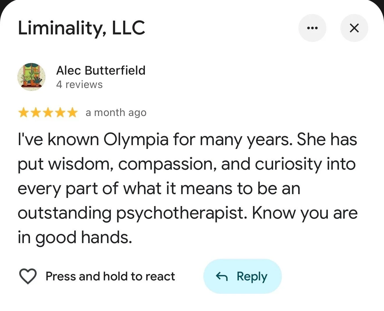 Google review for Liminality, LLC, written by Alec Butterfield expressing satisfaction with Olympia's psychology services. 