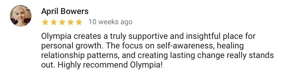 A review by April Bowers praising Olympia for its supportive environment and focus on personal growth.