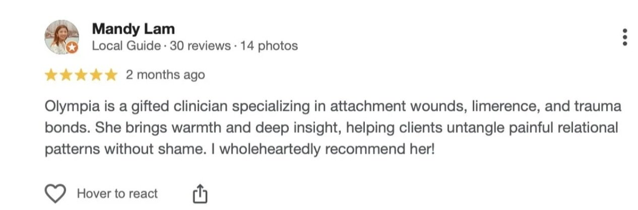 A Google review from Mandy Lam, praising Olympias for her expertise as a clinician in treating attachment wounds, limerence, and trauma bonds.