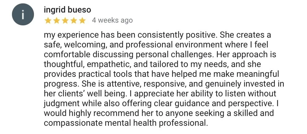 Client review for therapist Olympia, praising their positive, empathetic, and supportive approach.
