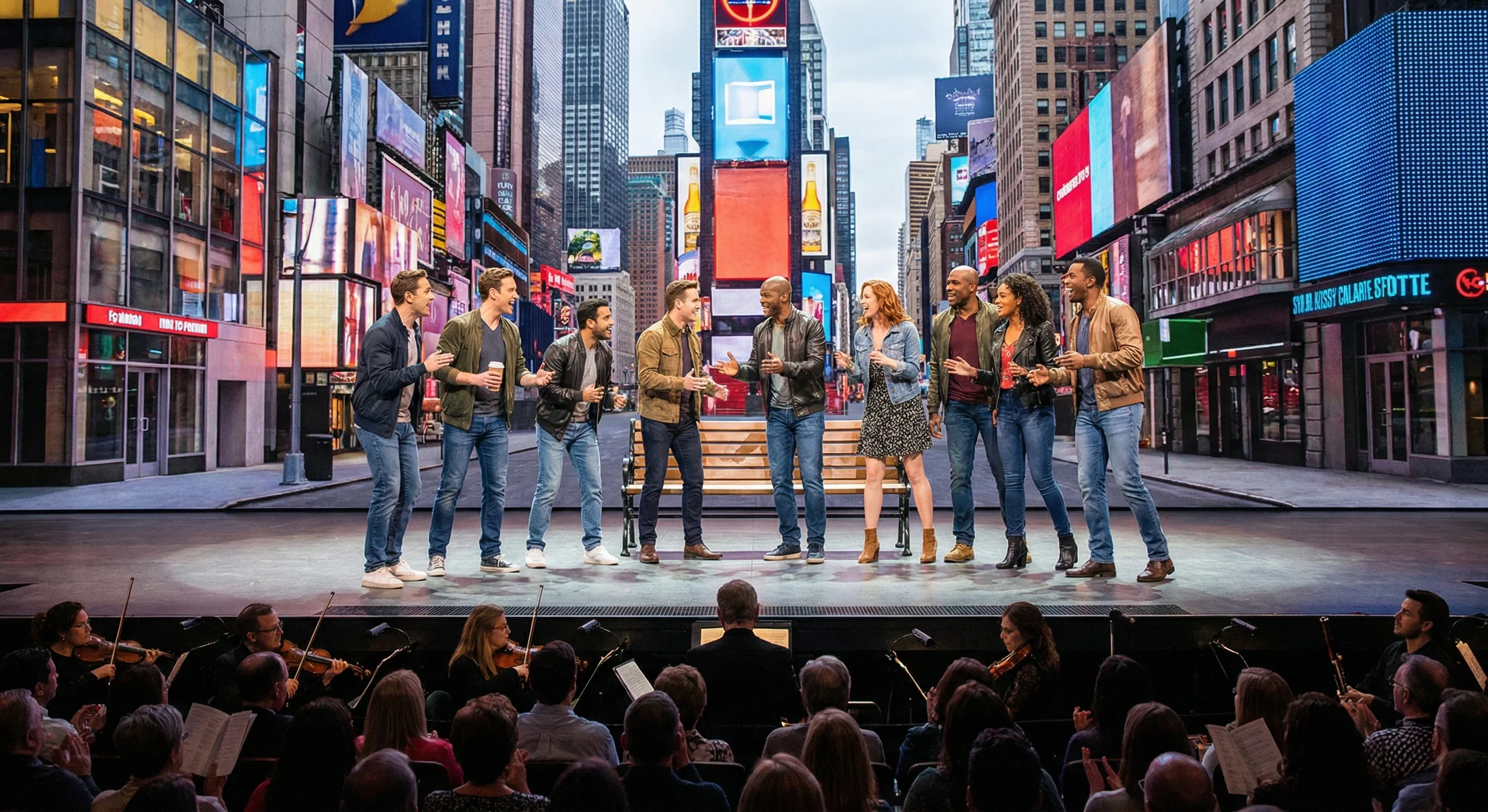 A stage performance in Times Square with ten people engaged in conversation, surrounded by an audience, and an orchestra playing nearby. Colorful digital billboards and buildings are in the background.