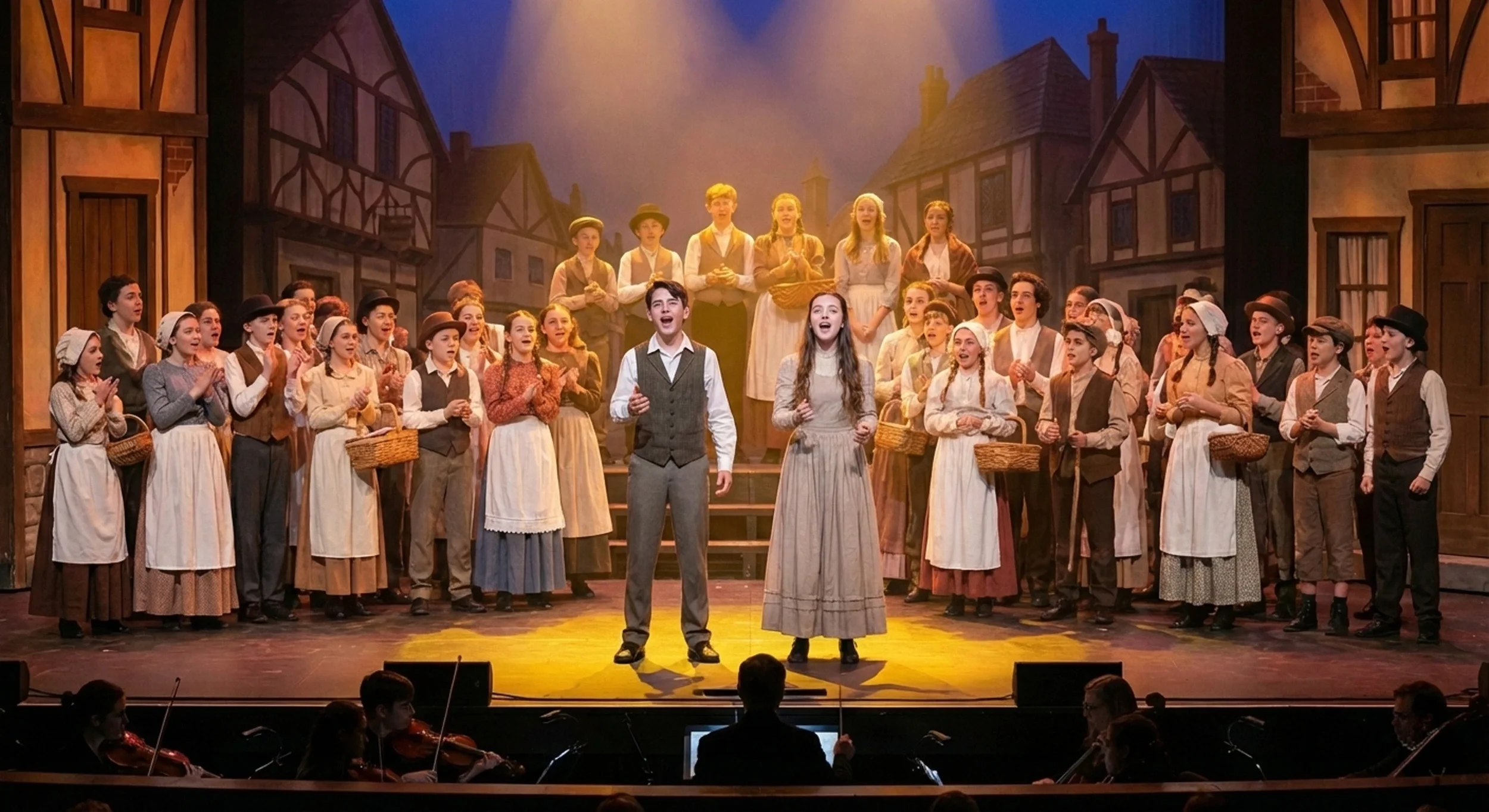 Children performing in a theatrical production on stage with a town backdrop, including singers and a small orchestra in front.