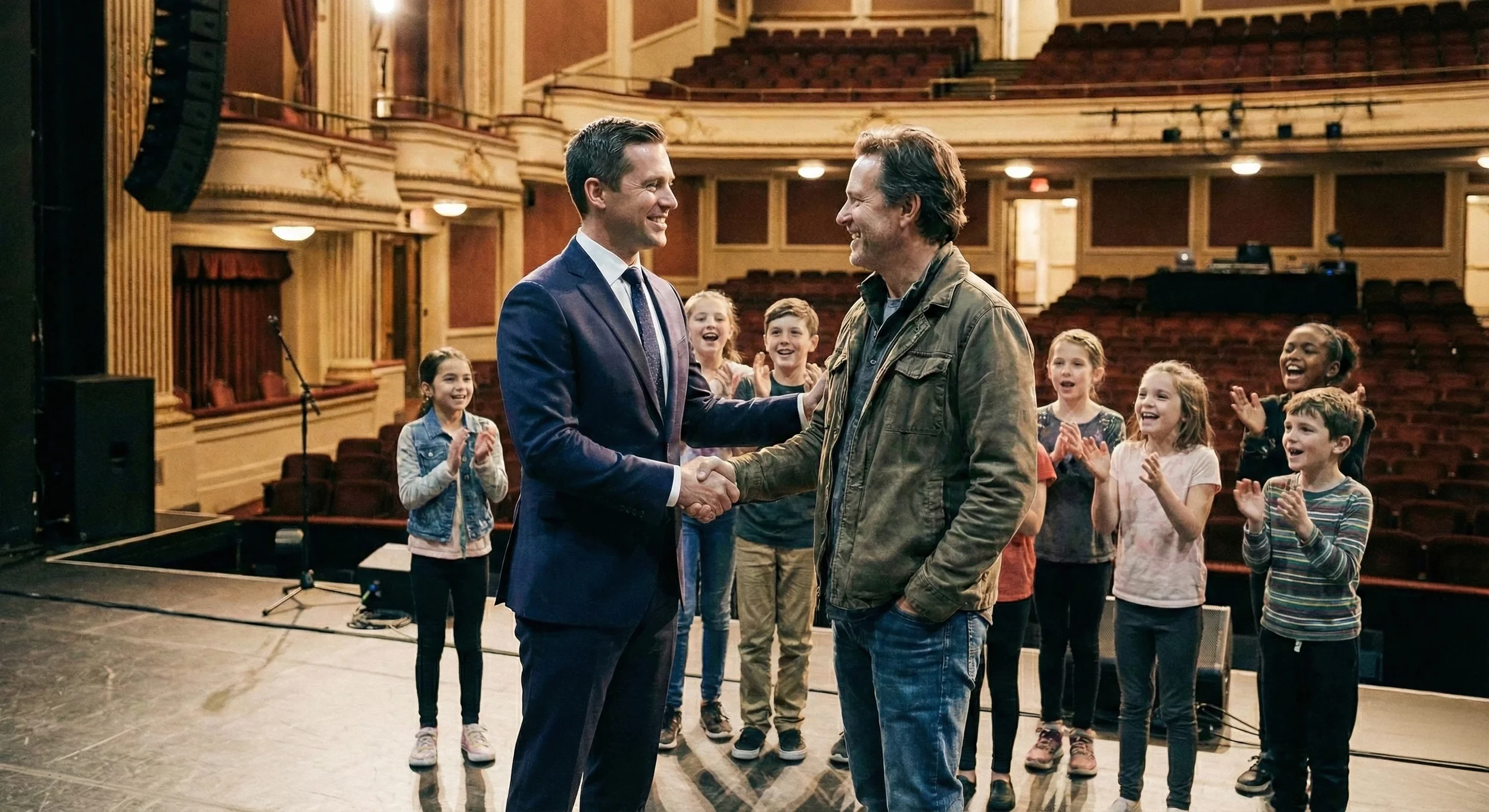 Two men shaking hands on stage in a theater, surrounded by children clapping and smiling.