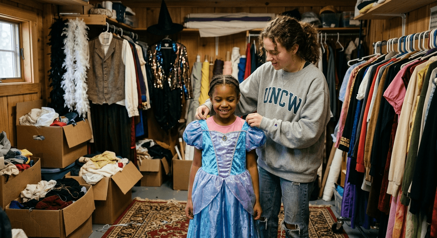 A young girl dressed in a blue princess costume smiling as she is helped by a woman, in a room filled with hanging clothes and cardboard boxes of various clothing items.
