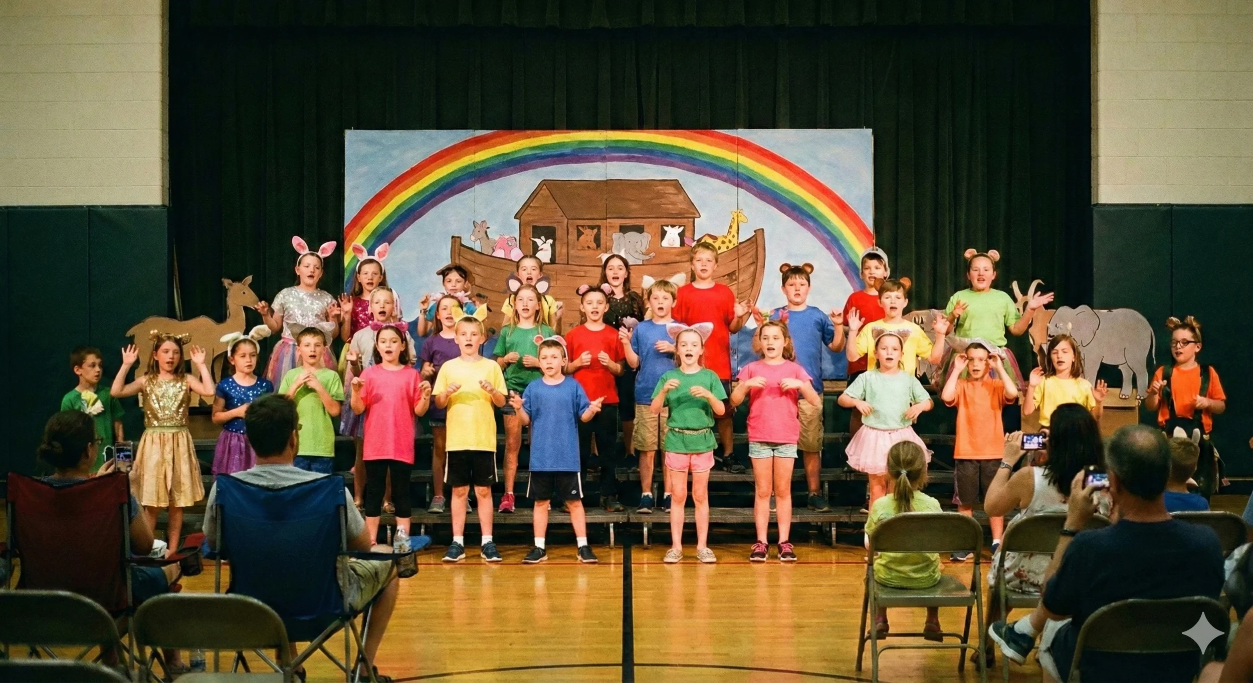 Children performing a play on stage with a rainbow and animal backdrop, dressed in colorful costumes, with an audience watching and taking photos.