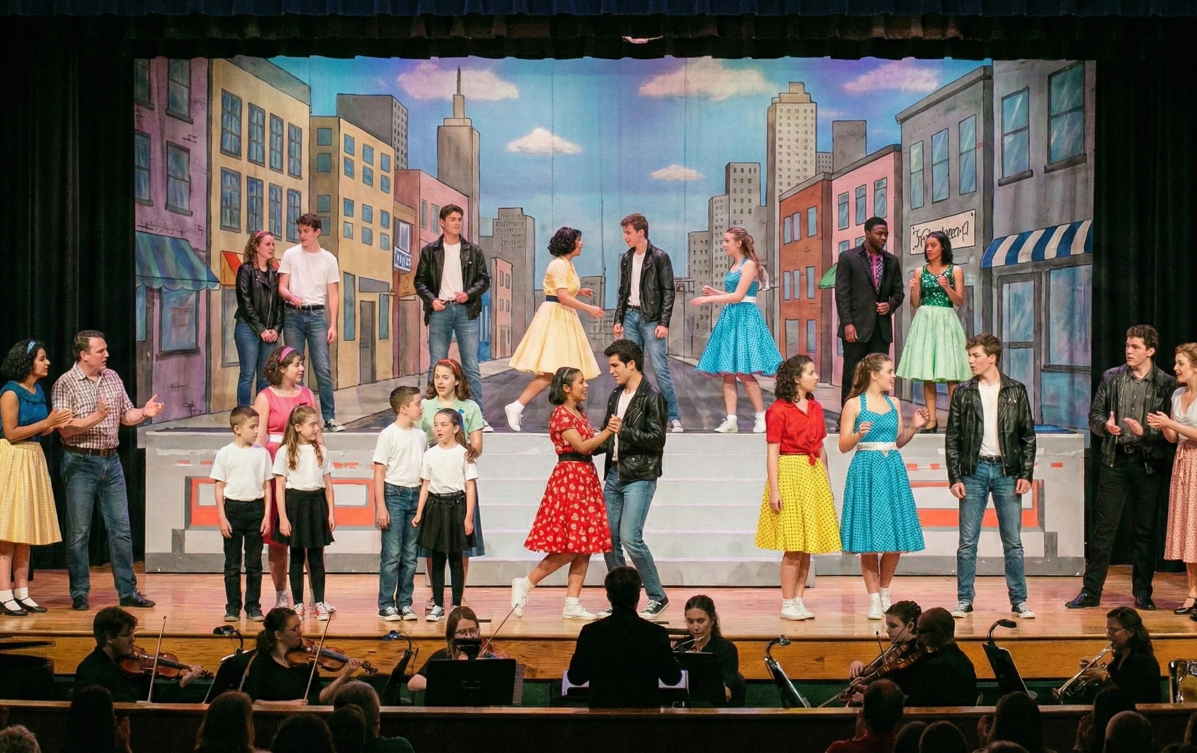 A stage production of a musical or theater play featuring a cast of diverse young actors and a live orchestra. The stage background depicts a colorful city street scene with buildings and a blue sky, and the cast is dressed in retro 1950s-style clothing.