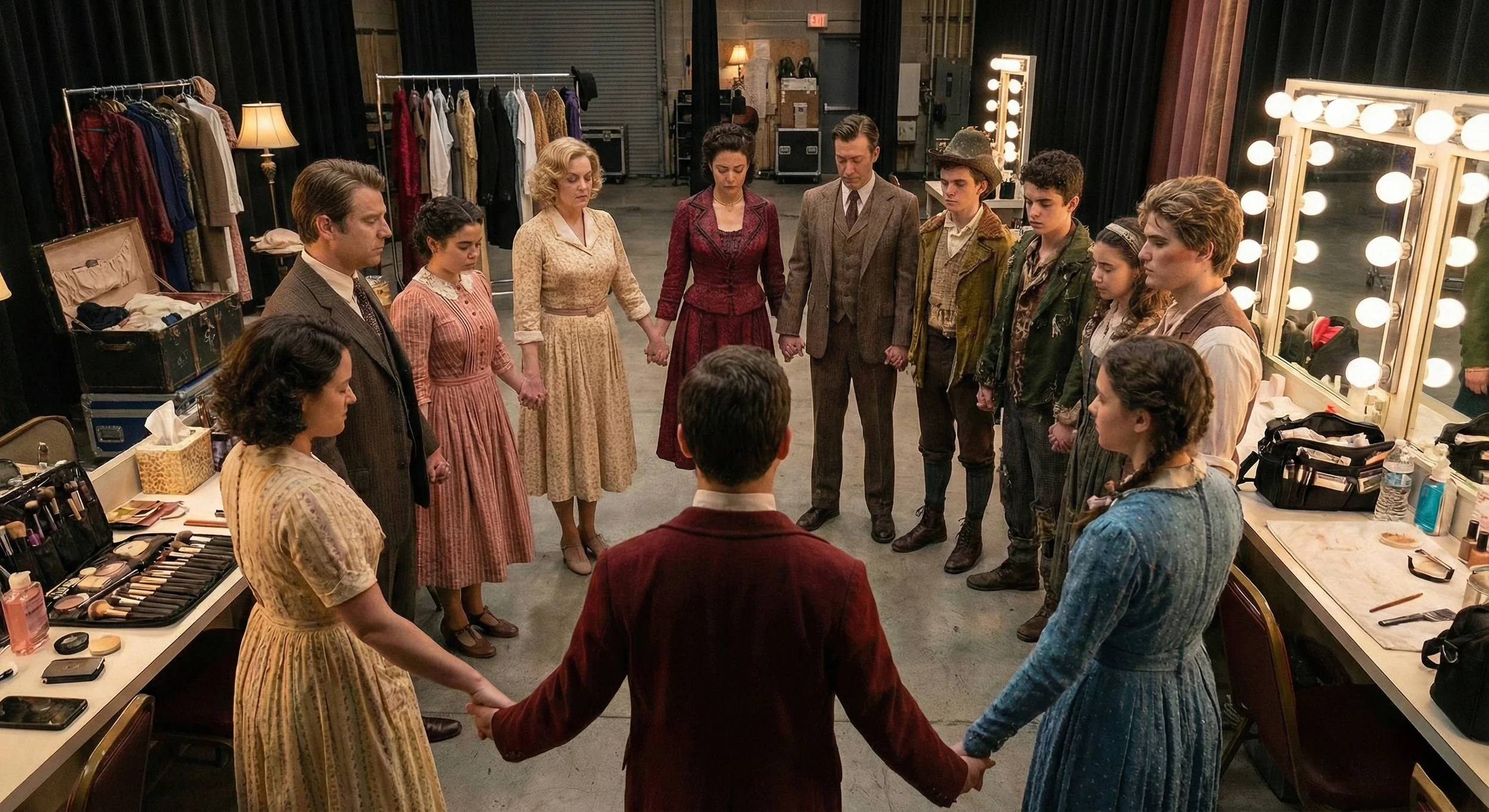 A group of people in vintage clothing holding hands in a circle in a backstage dressing room with makeup mirrors and clothing racks.