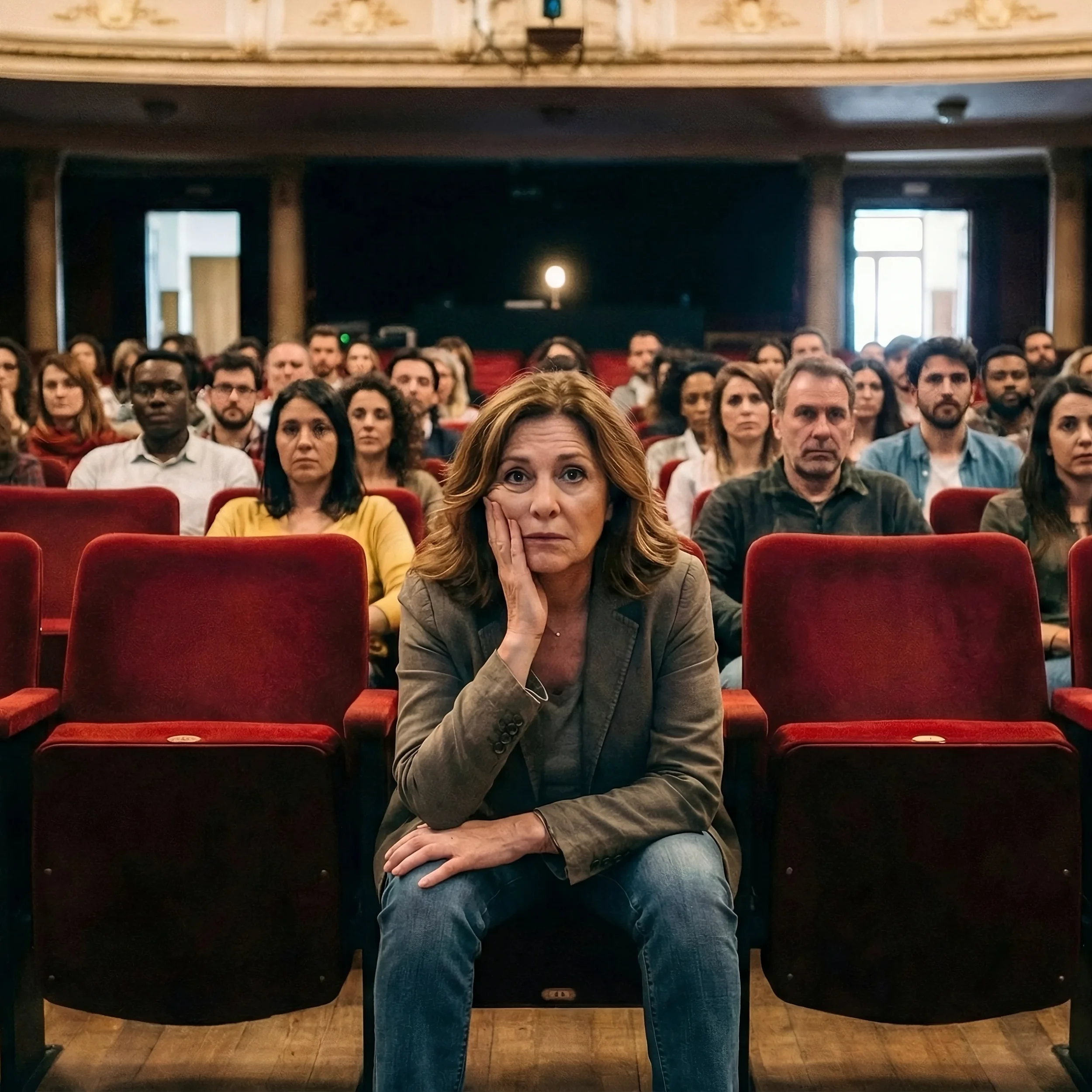 A woman with shoulder-length brown hair sitting in a theatre or auditorium with red seats, resting her face on her hand with a bored or tired expression. She is wearing a gray blazer and jeans, with a large group of diverse people sitting behind her, all facing forward.