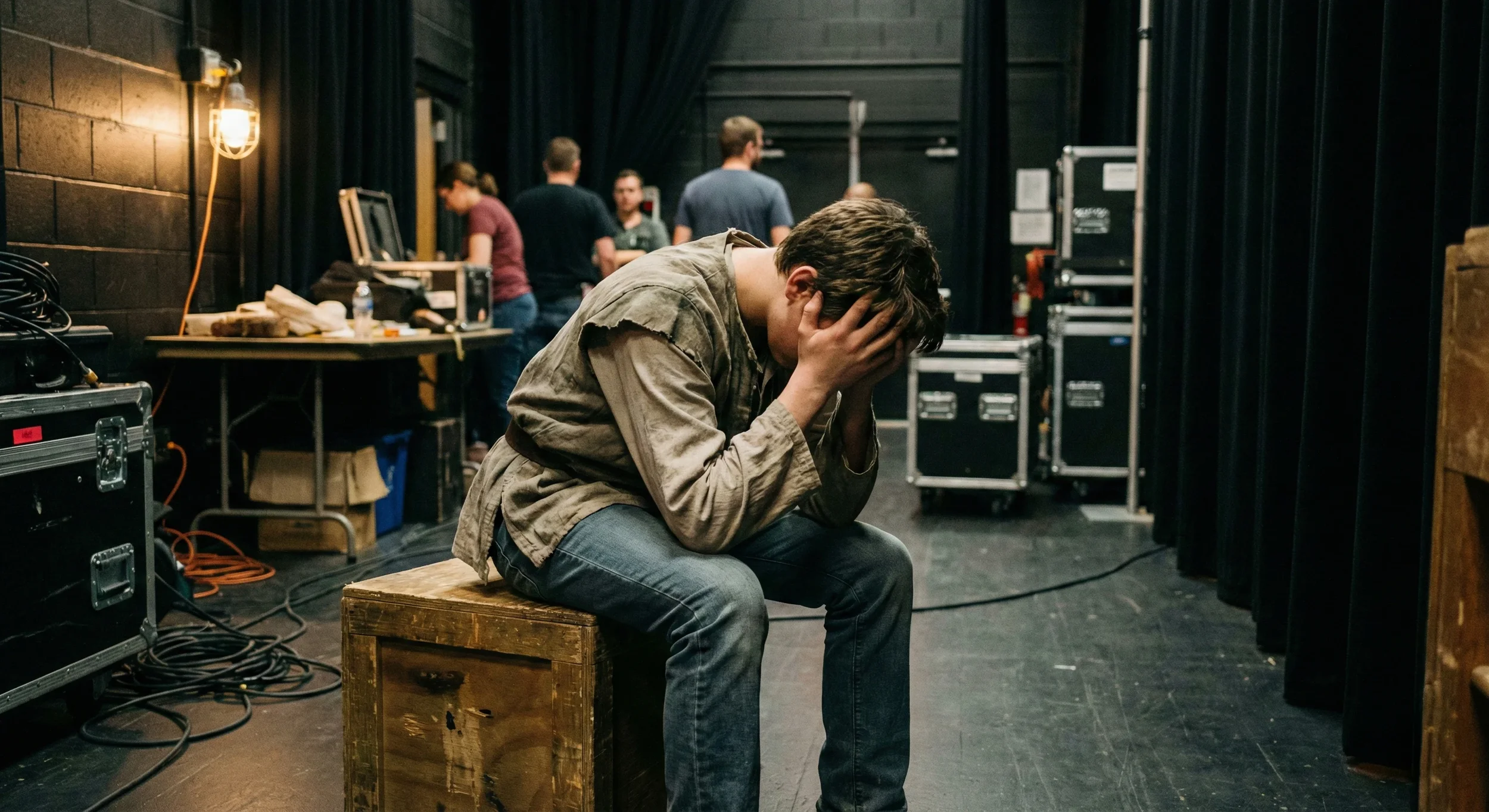 A man sitting on a wooden box with his head in his hands, appearing stressed or upset, in a backstage area with crew members in the background.