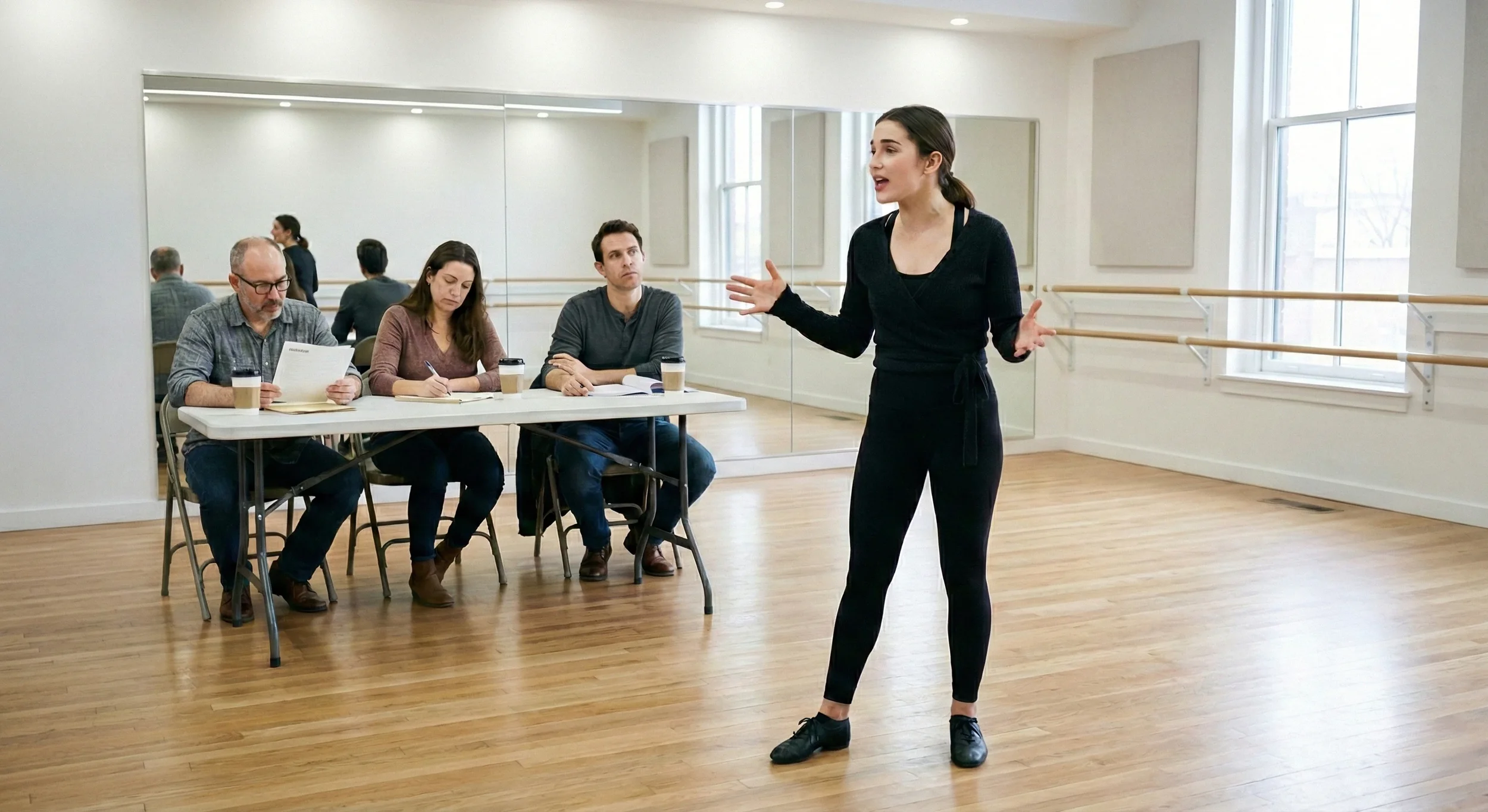 A woman in black athletic wear speaking to a group of three people seated at a table in a dance studio.