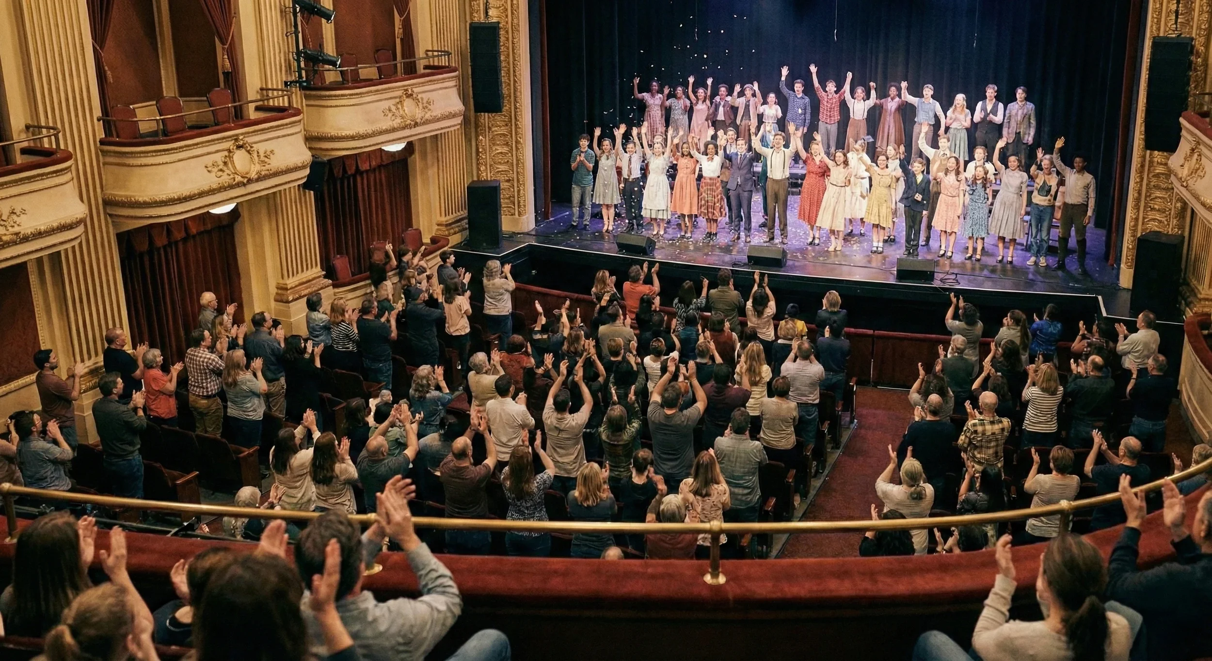 Stage performance with a cast of young actors bowing after a show in a theater with ornate gold decor and an audience applauding.