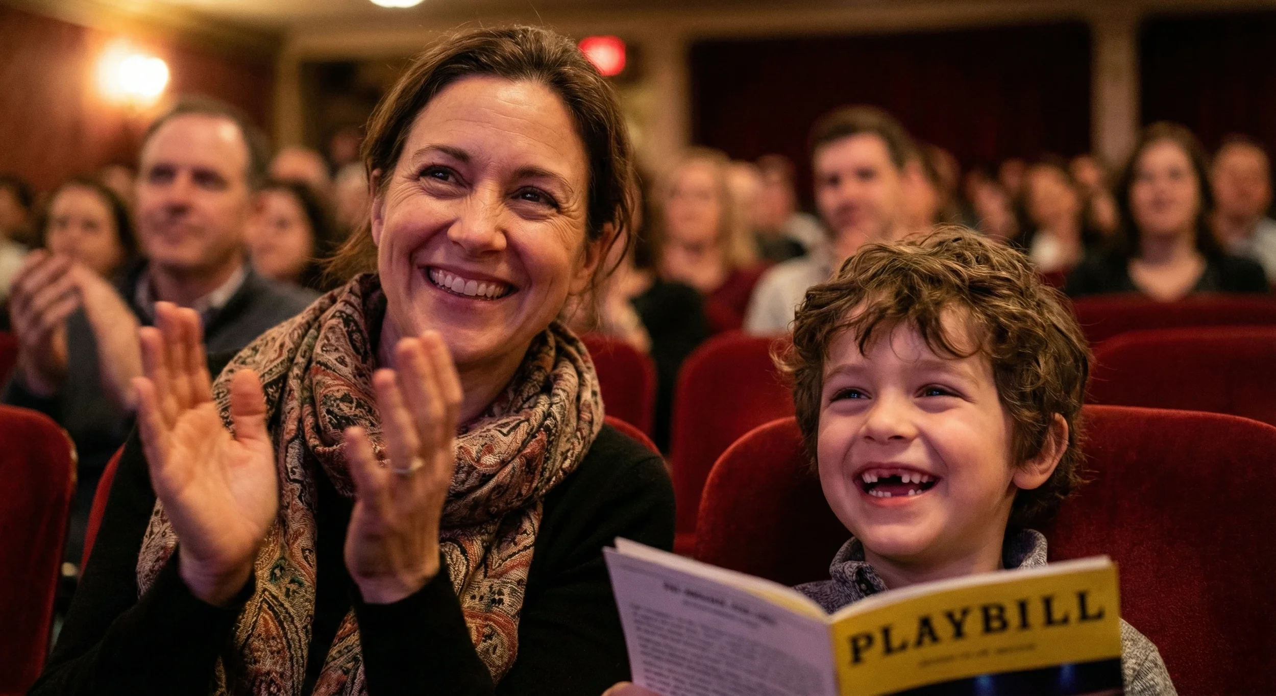 A woman and a young boy sitting in an audience, smiling and clapping, with a Playbill theater program in front of the boy.