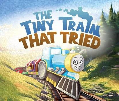 Colorful cartoon train with a smiling face on the front, traveling on tracks through a green landscape with trees and blue sky. Text reads 'The Tiny Train That Tried'.