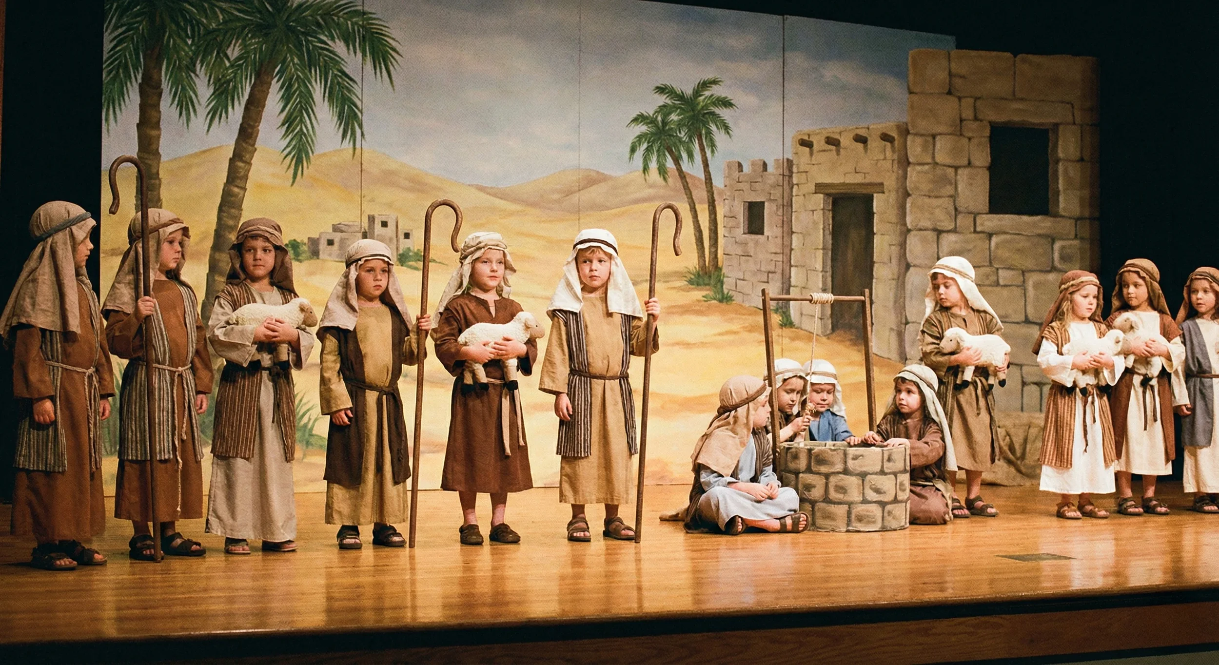 Children performing a play on stage, dressed as biblical figures, depicting a nativity scene with a background of desert landscape, palm trees, and ancient buildings.