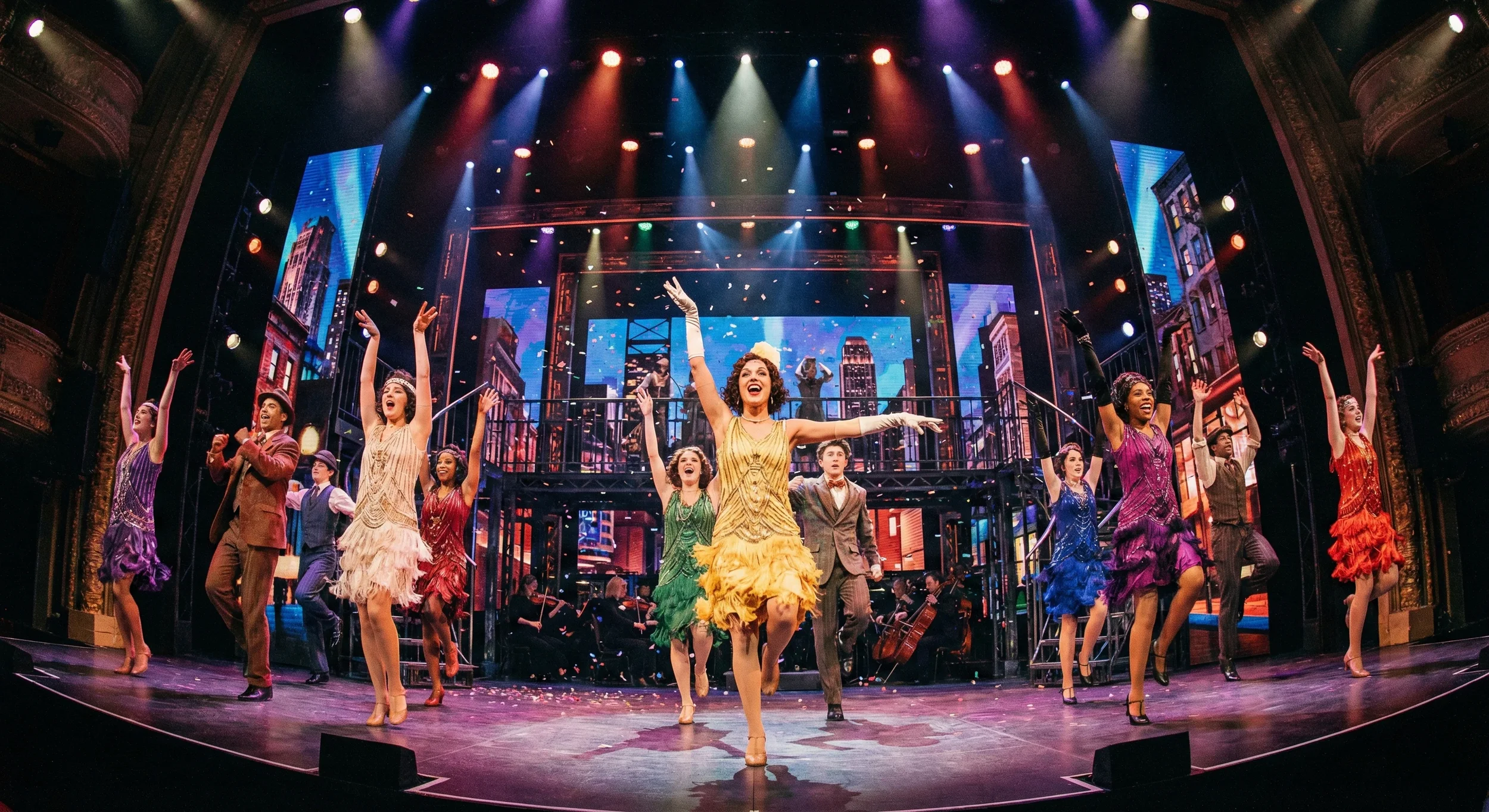 Theater stage with performers in colorful 1920s-style costumes, dancing and singing with a live orchestra in the background, cityscape digital backdrop, bright stage lights.