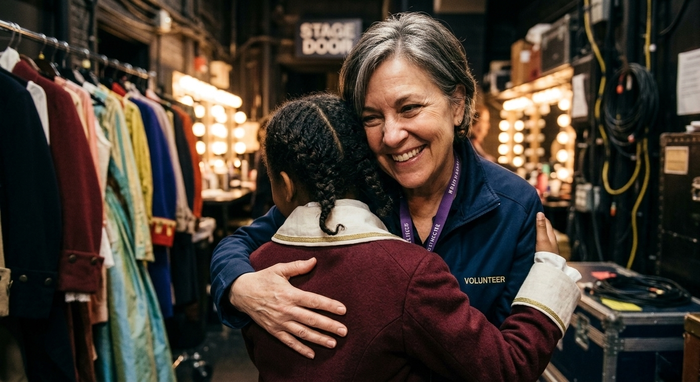 A volunteer and a young girl hugging backstage at a theater or performance venue, with colorful costumes hanging on racks and bright mirror lights in the background.
