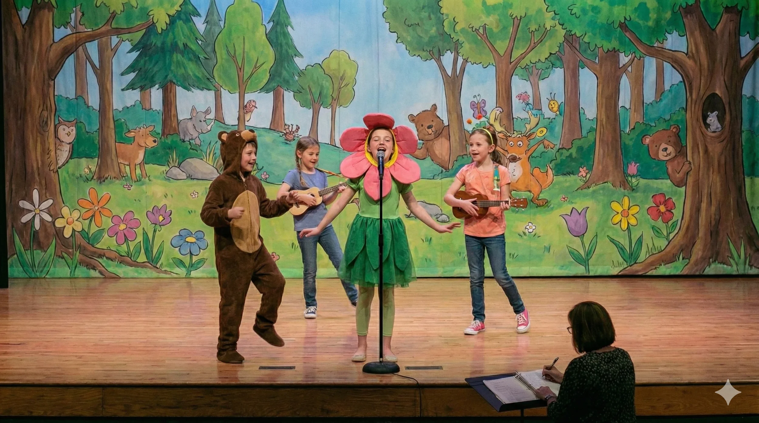 Children performing a play on stage dressed as animals with a colorful forest backdrop