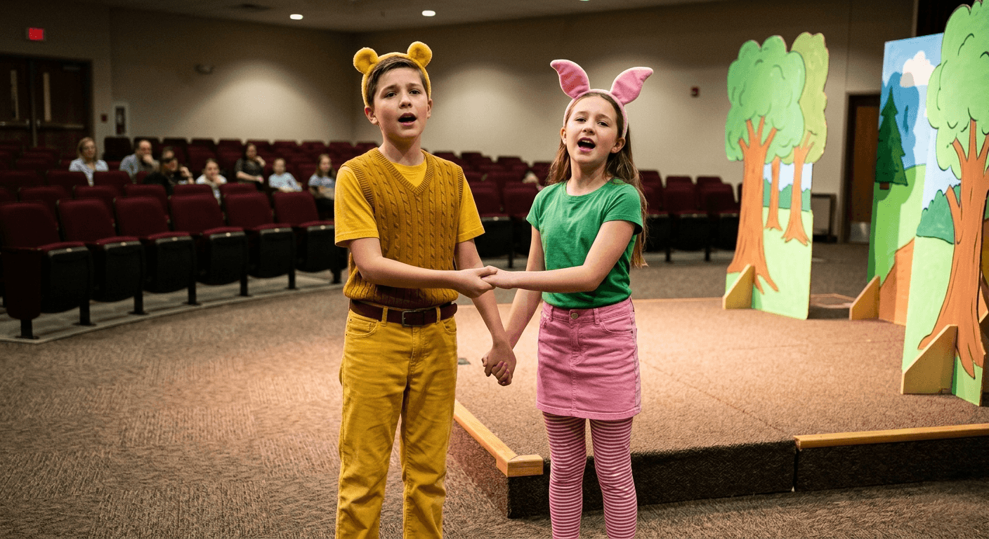 Two children dressed as animals standing on a stage in a theater, holding hands and singing, with an audience seated in the background.