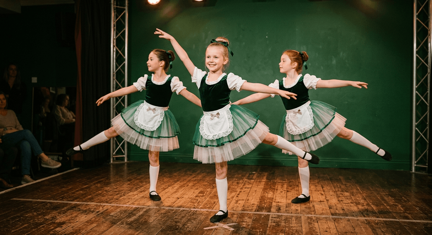 Three young girls performing a ballet dance on stage, wearing matching green and white costumes with aprons, on a wooden floor with a green background.