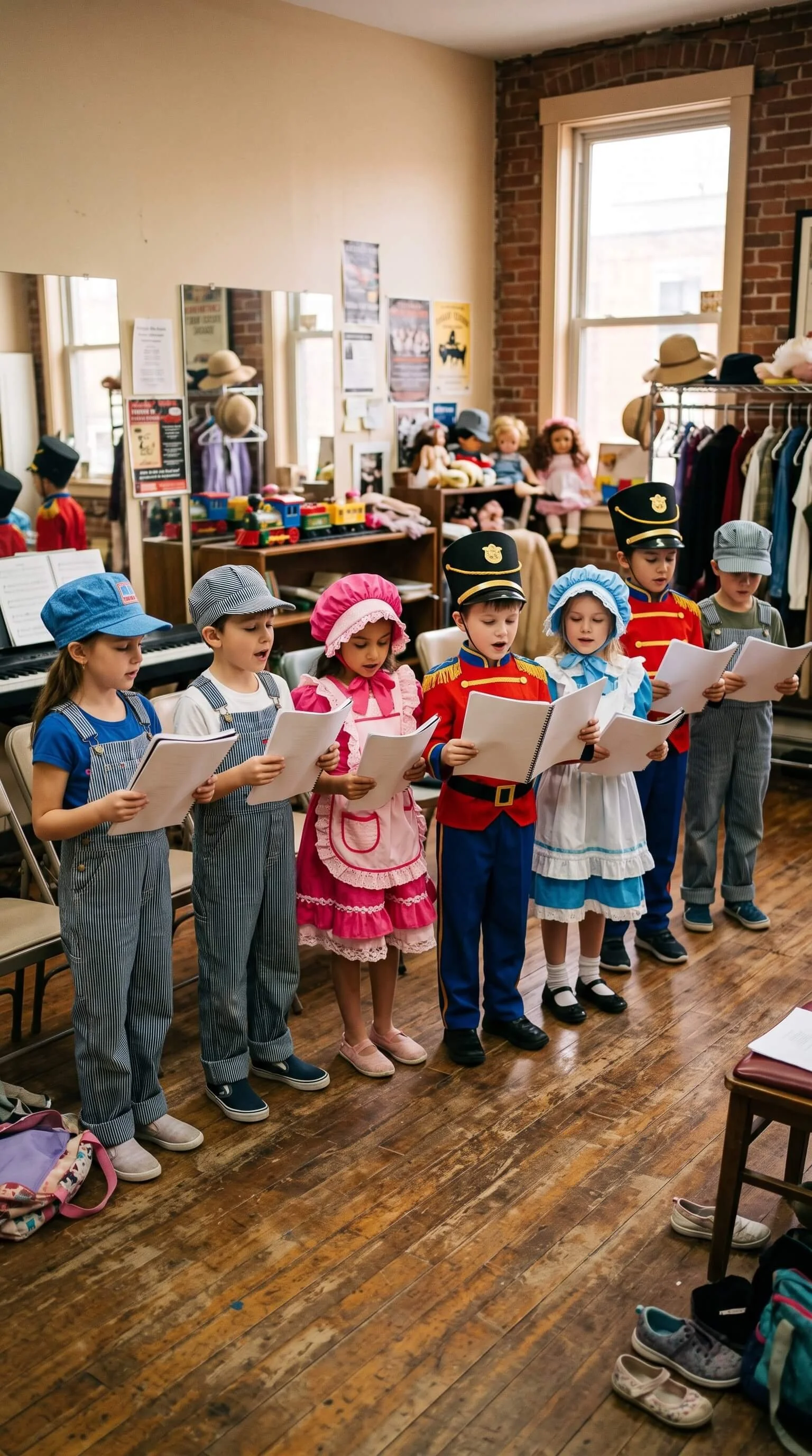 Children in costumes (train, doll, soldier) practice for a musical in a rehearsal room.