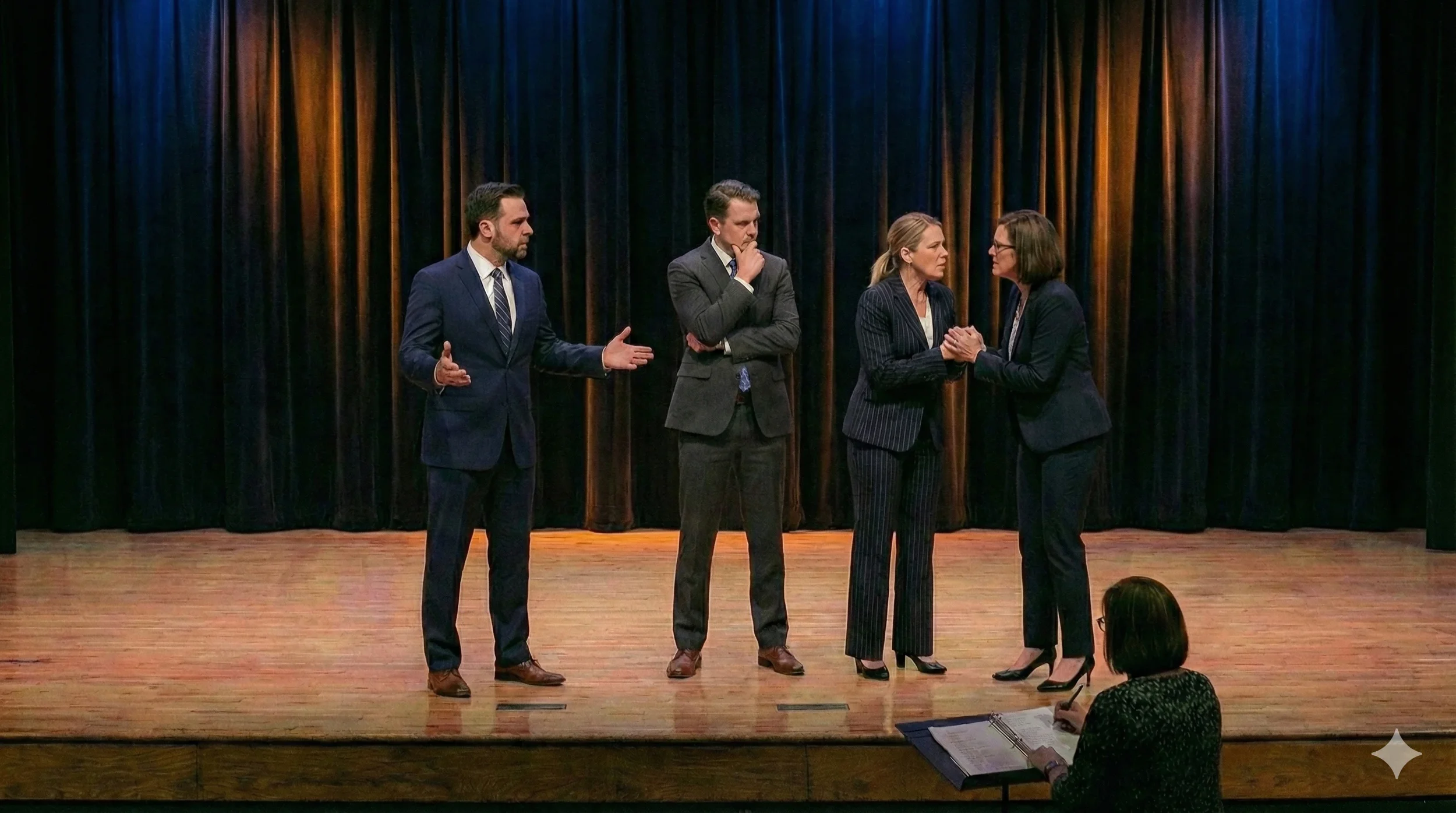 Five adults on a stage with a dark curtain backdrop, engaged in a dramatic scene. One man on the left is speaking with his hands outstretched, while another man in the middle has his hand on his chin. Two women on the right are holding hands and facing each other. A woman in the foreground, seated with a script, is observing the scene.