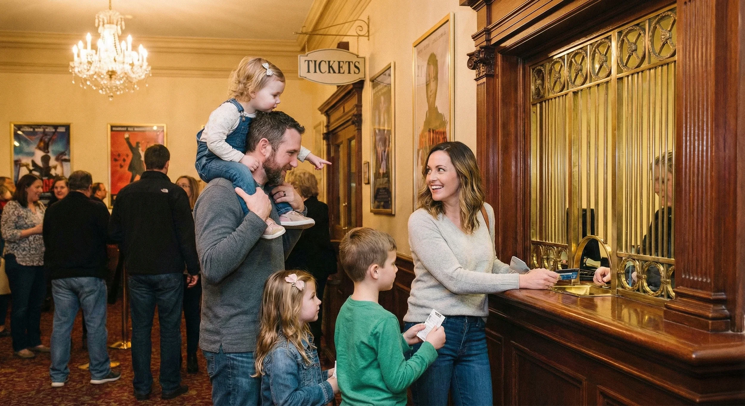A family at a theater ticket counter, with a woman selling tickets behind a gold metal grilles, and a man with a young girl on his shoulders pointing at her, while two children stand in line with tickets in hand; theater posters hang on the walls.