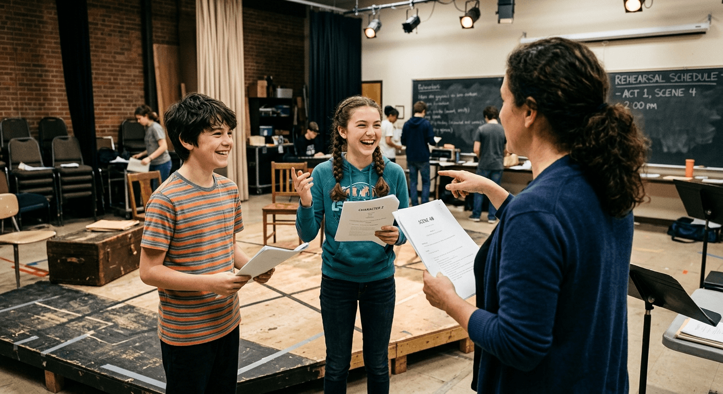 Two children and a woman stand in a rehearsal studio, holding scripts and smiling, while others prepare in the background.
