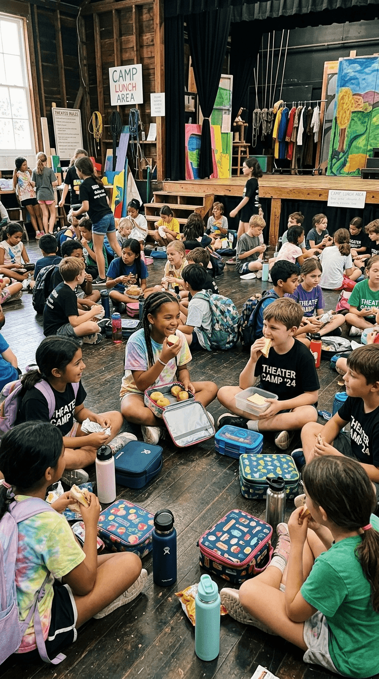Children sitting on the floor of a camp auditorium, eating lunch and socializing, with a stage and colorful painted scenery in the background.