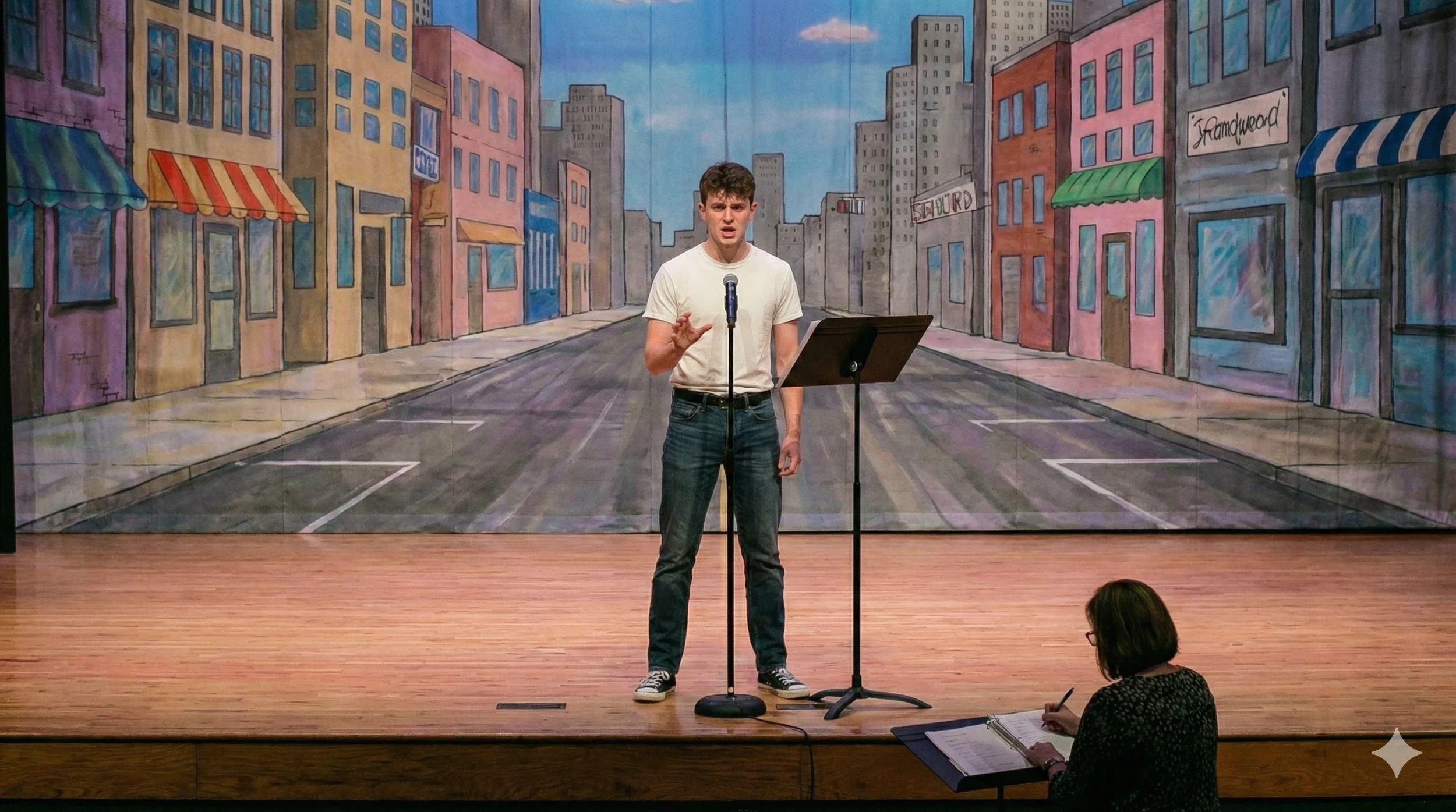 A young man with dark hair, wearing a white T-shirt and blue jeans, performing on a stage with a cityscape backdrop painted on a wall behind him. He is standing at a microphone and a music stand, gesturing with his right hand. A woman with glasses, sitting at a table in front of the stage, is taking notes or reviewing a script.