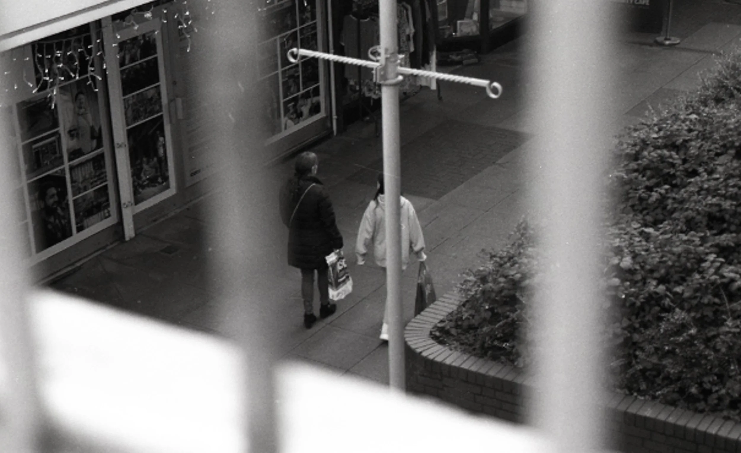 Two people walking on a city sidewalk near a storefront, viewed through a window with vertical bars, with a small shrubbery and a brick border on the sidewalk.