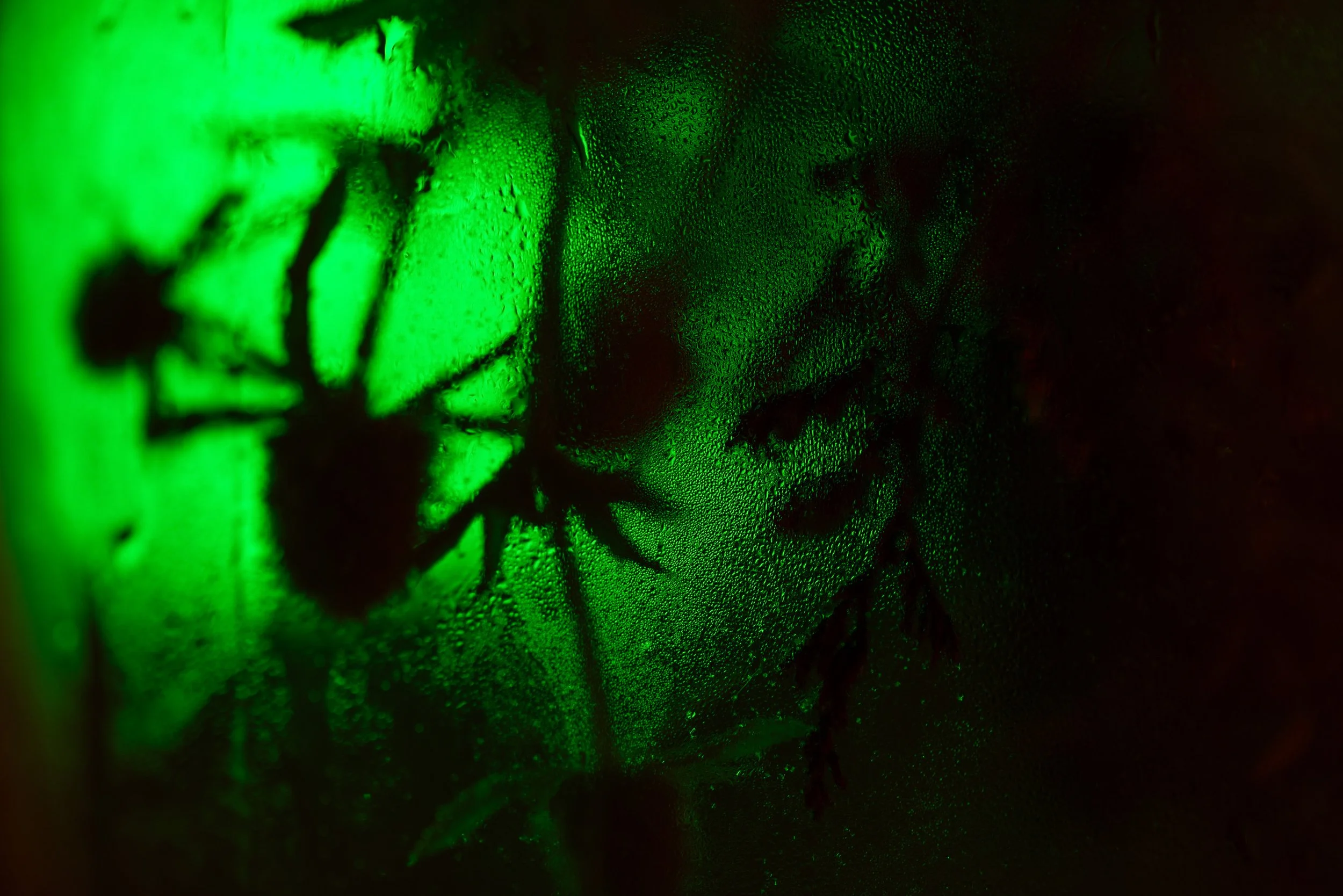 A spider and a person's face behind a foggy window with water droplets, illuminated by green and red lighting.