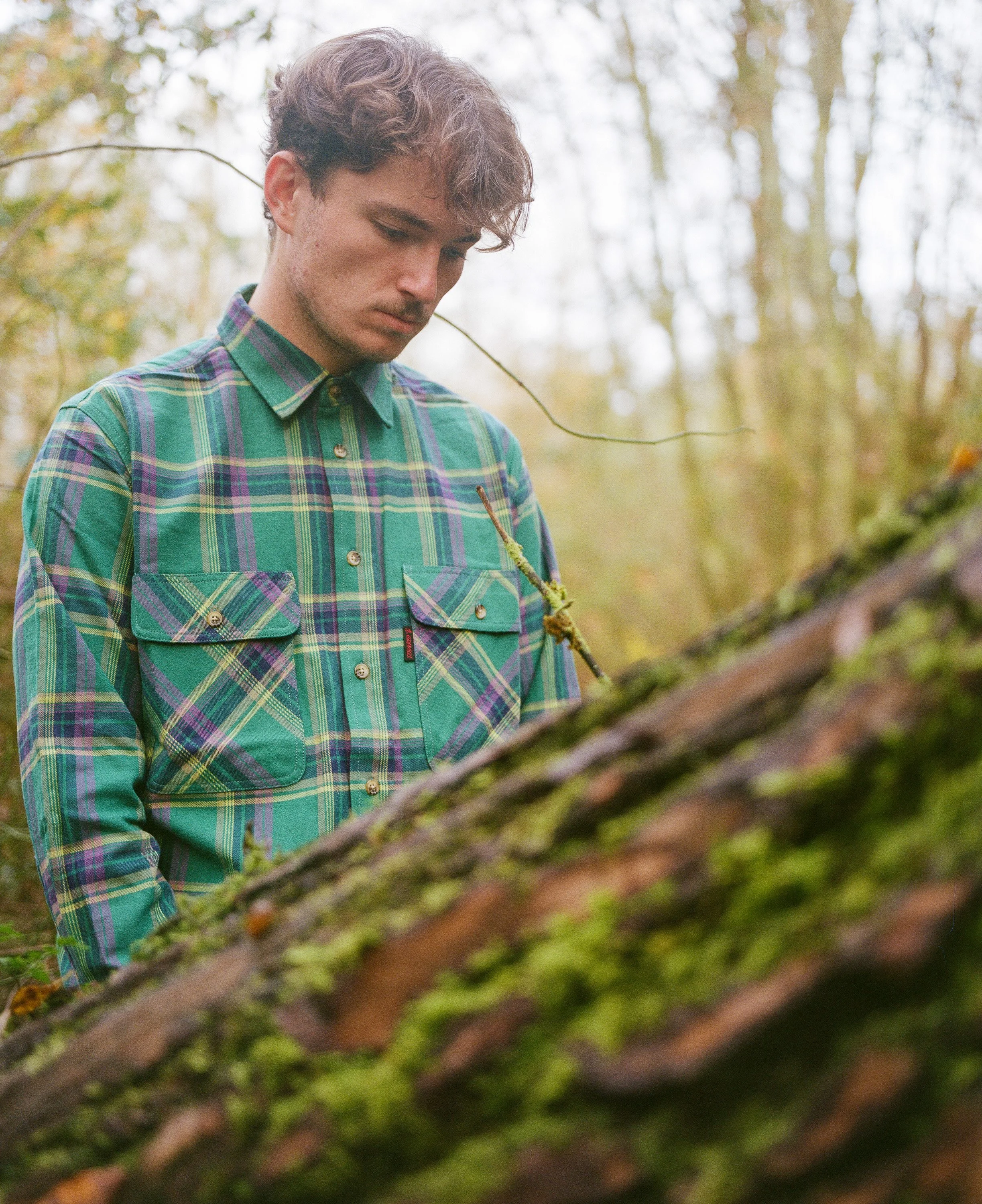 A young man with curly brown hair wearing a green plaid shirt stands in a forest, looking down at a moss-covered fallen tree.