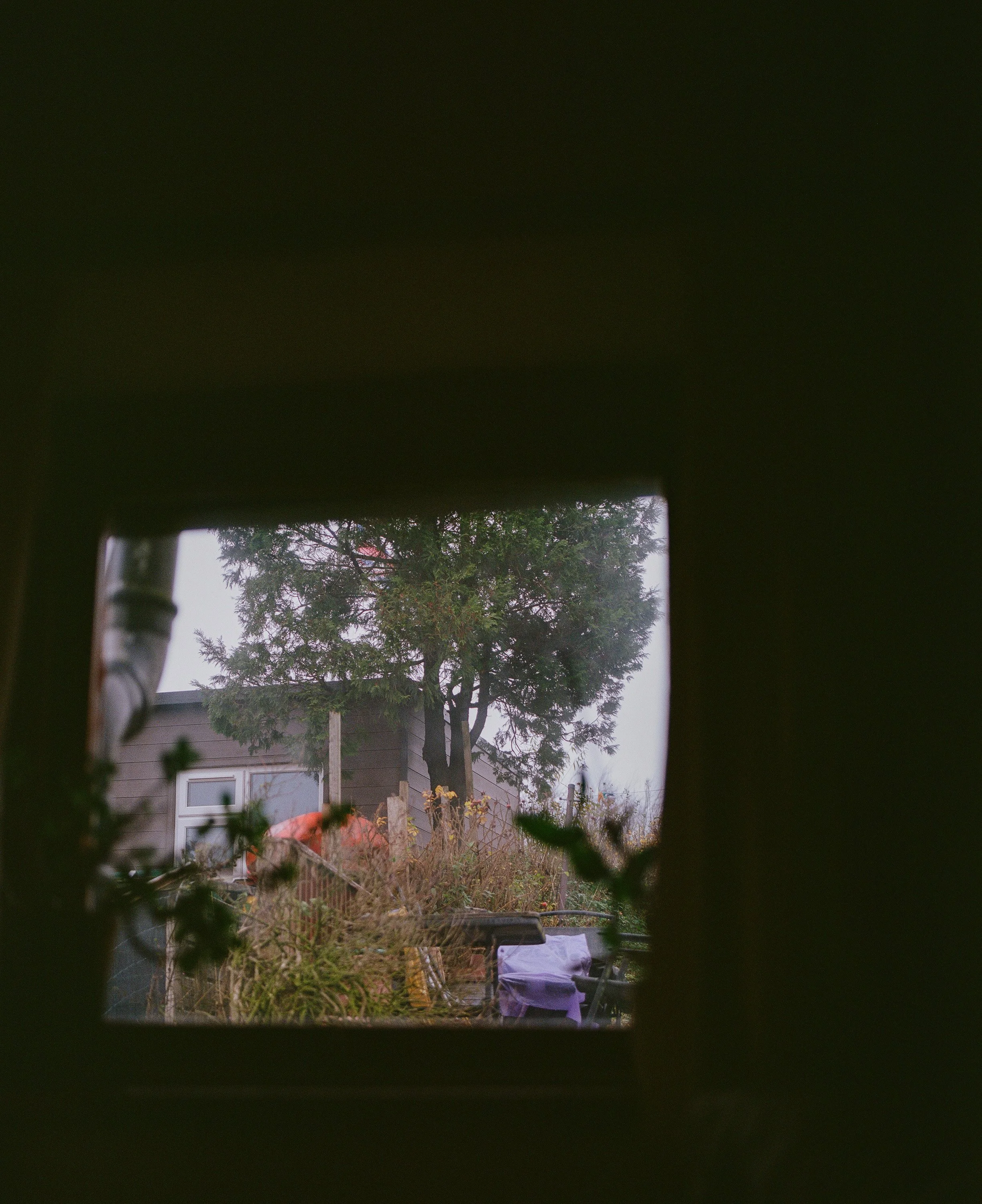 View through a small rectangular opening, showing a garden with a house, tree, and outdoor furniture outside.