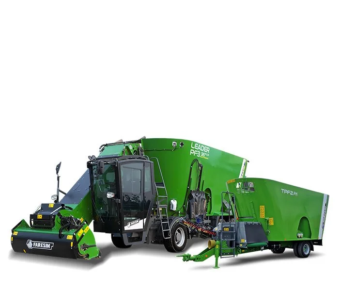 Green agricultural machinery, including a large combine harvester with black windows, a smaller green attachment, and a medium-sized machine with yellow accents and various attachments.
