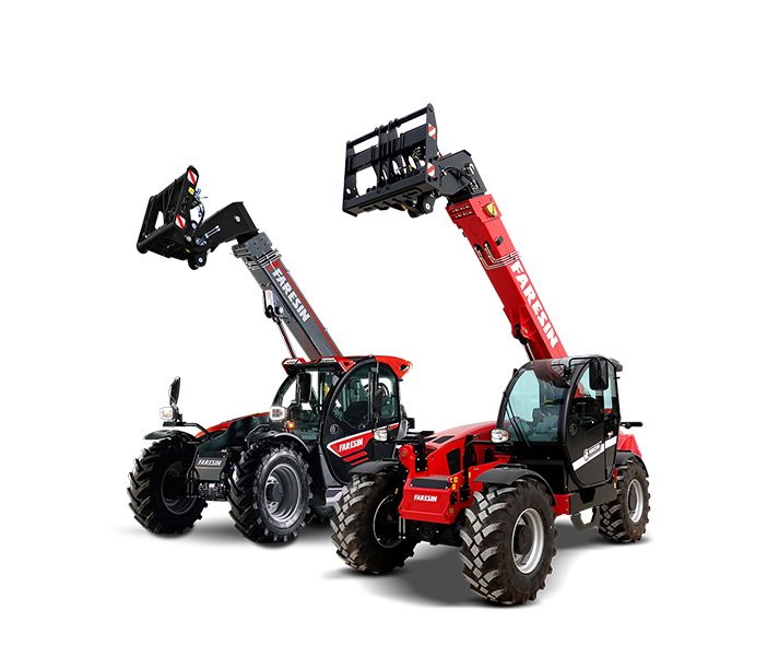 Two red telescopic forklifts with extended masts and forks, positioned side by side, on a white background.
