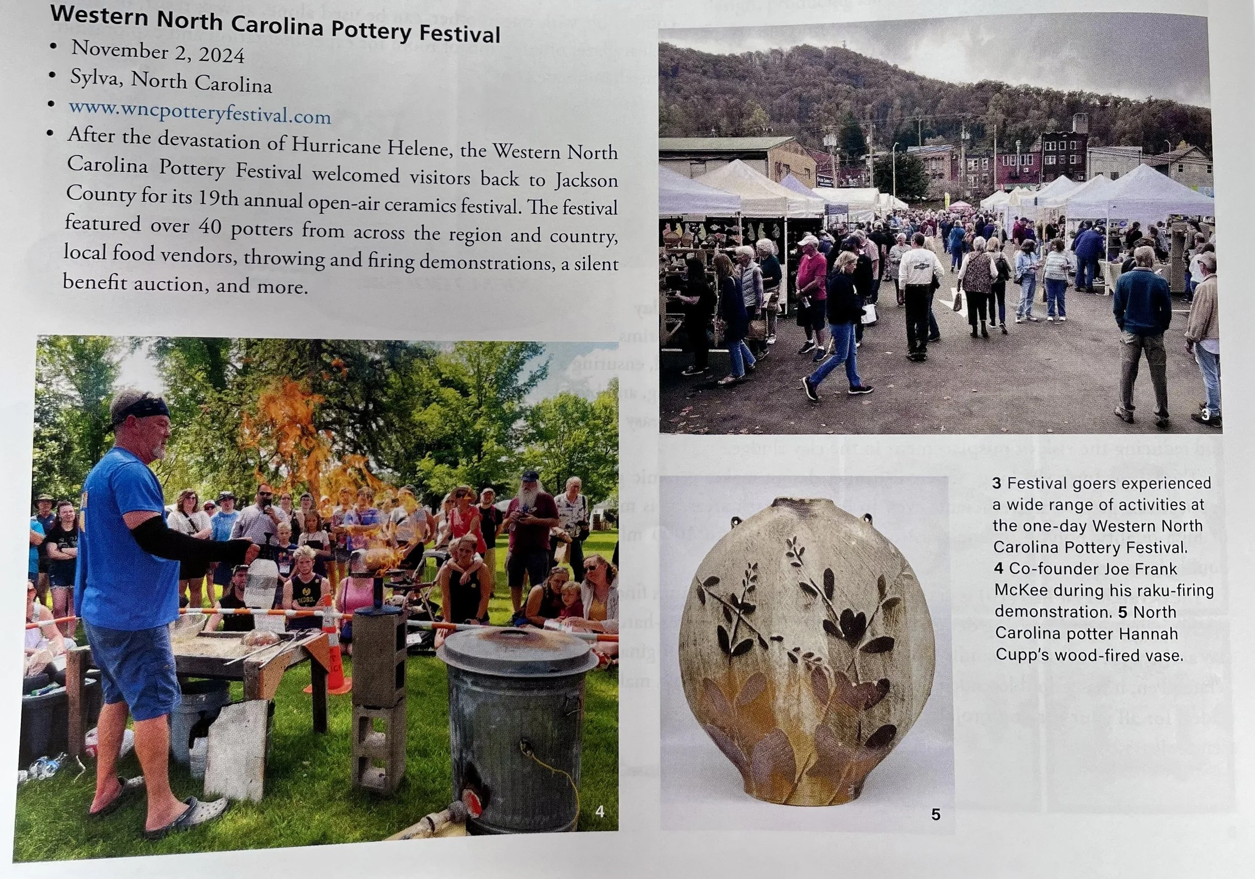 Informational flyer for the Western North Carolina Pottery Festival held on November 2, 2024 in Sylva, North Carolina. The flyer includes photos of festival activities: a crowd of people walking among vendor tents, a man demonstrating fire-raking, and a North Carolina potter's decorated wood-fired vase.