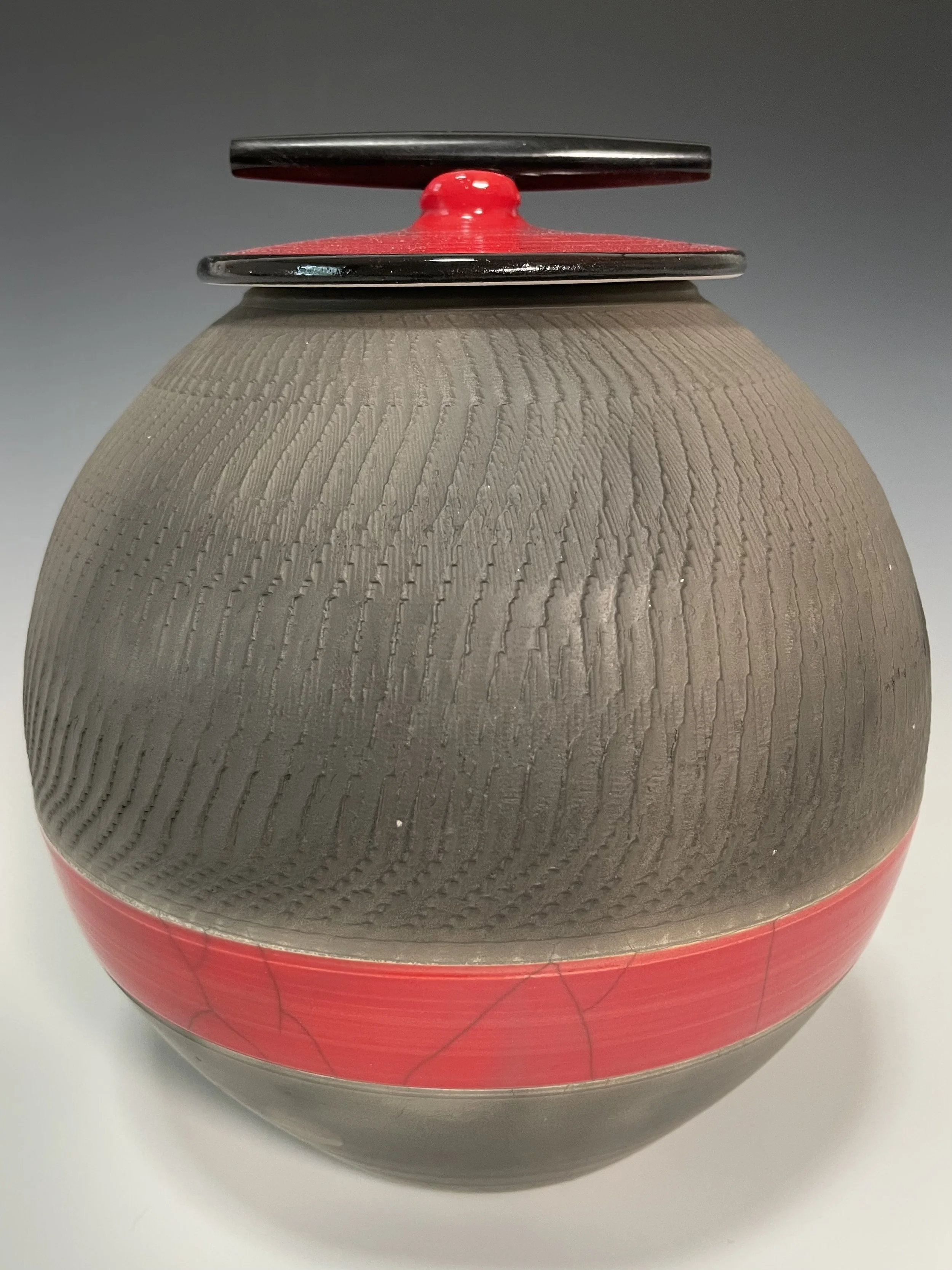 Chattered Vase Smoked Black with Red Glaze Accent w/ Lid - Medium