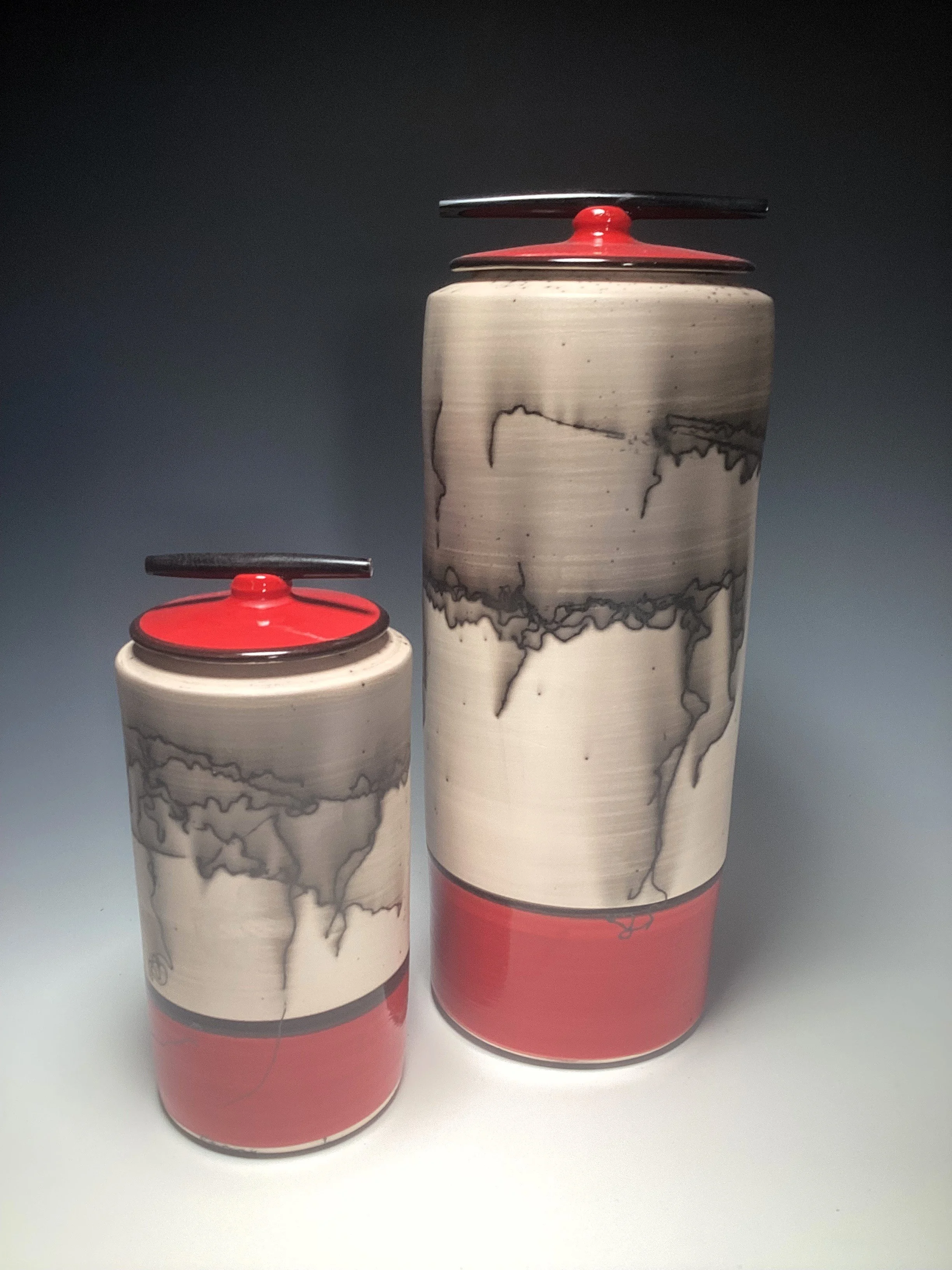 Lidded Horsehair Cylinder Vessels with Red Accents