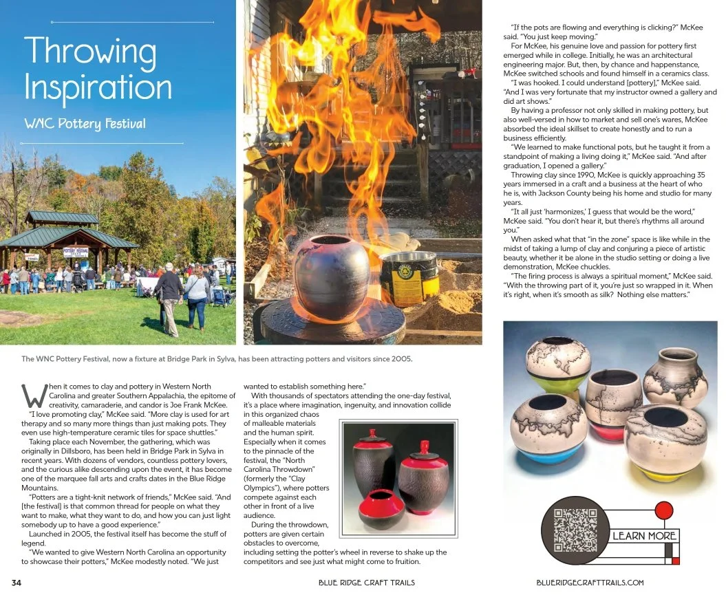 Page from a magazine about pottery festival. The left side shows a photo of a park with people and a pavilion at Bridge Park in Sylva, North Carolina. The right side contains a photo of a pottery piece being fired with flames, and a photo of four finished pottery vases with black and white glaze designs. There is also a QR code and a logo for Blue Ridge Craft Trails.