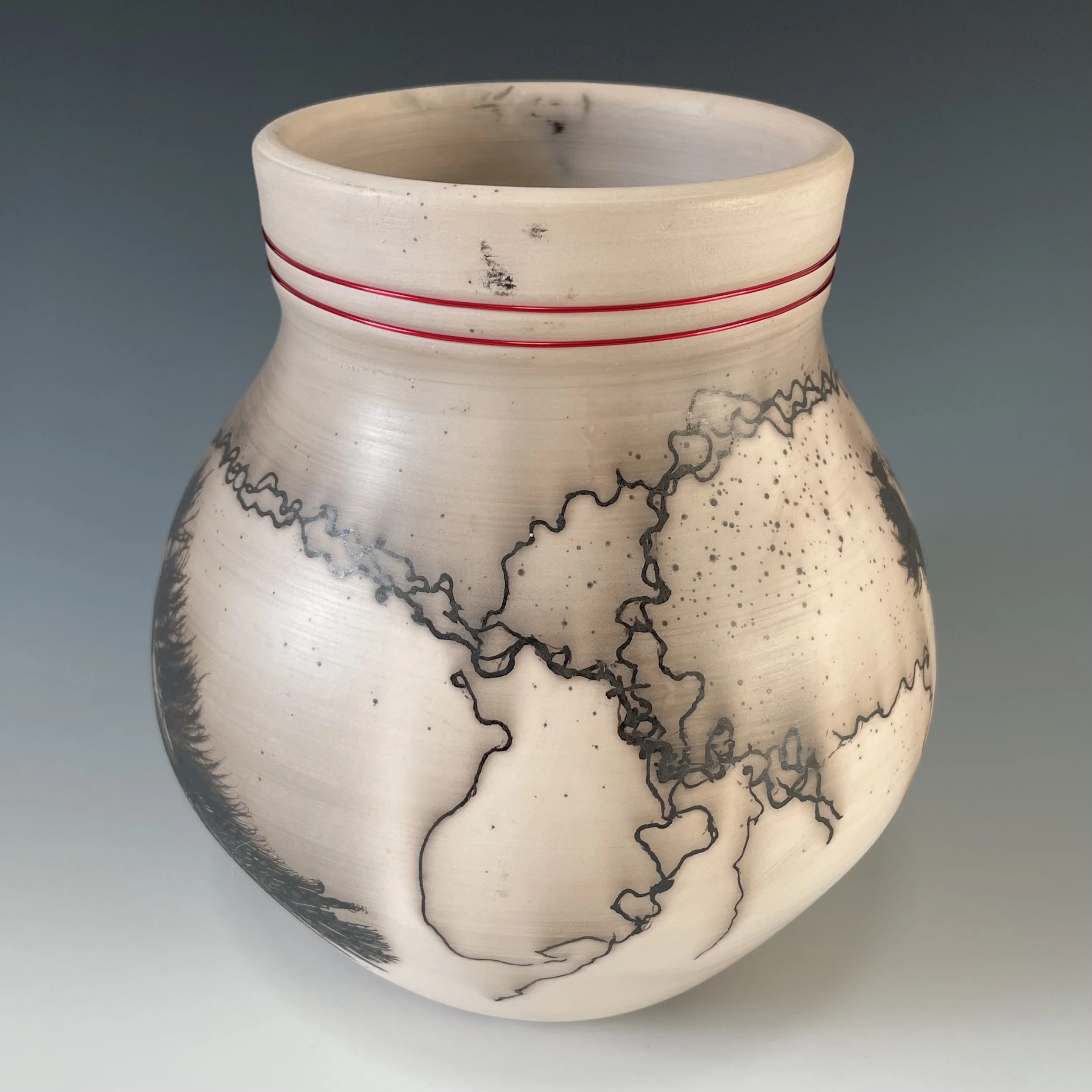 Bulbous Horsehair Vase with Red Wire Accent