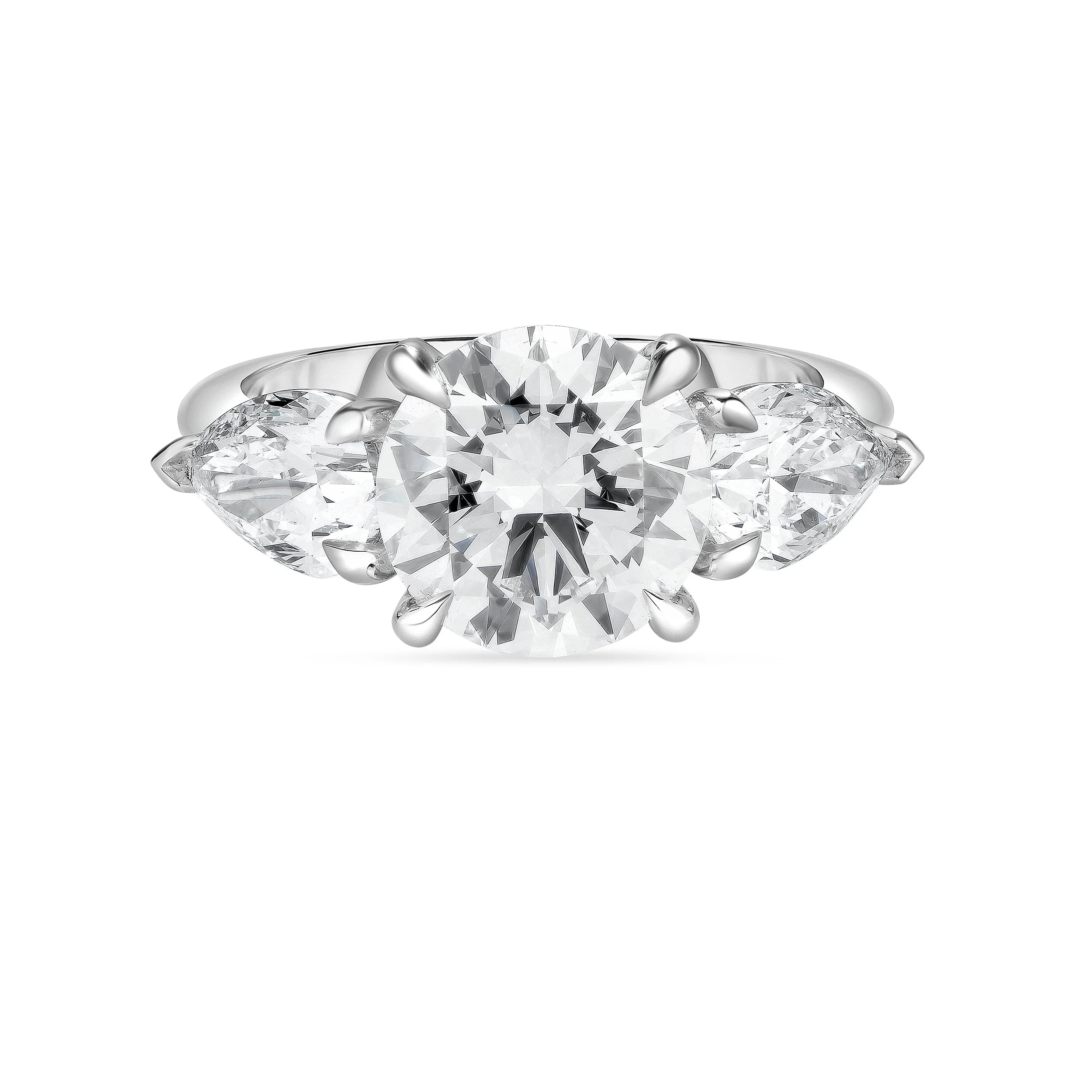 Annie James Three Stone Ring Round Brilliant-Cut Diamond and Pear-Shaped Side Stones-Front.jpg