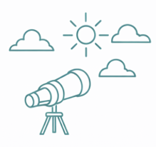 Illustration of telescope looking out to clouds and sun