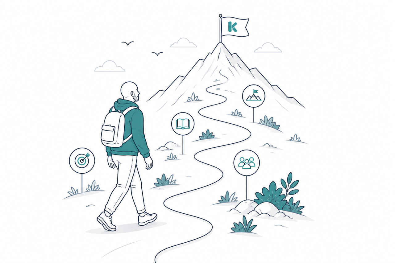 Illustration of a person with a back pack on a path to a mountain with a flag at the top