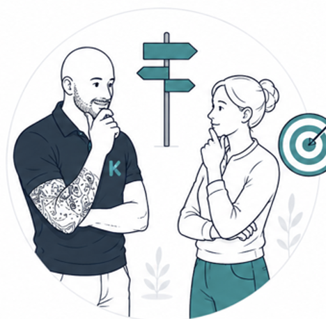 Illustration of two colleagues pondering with signpost in background
